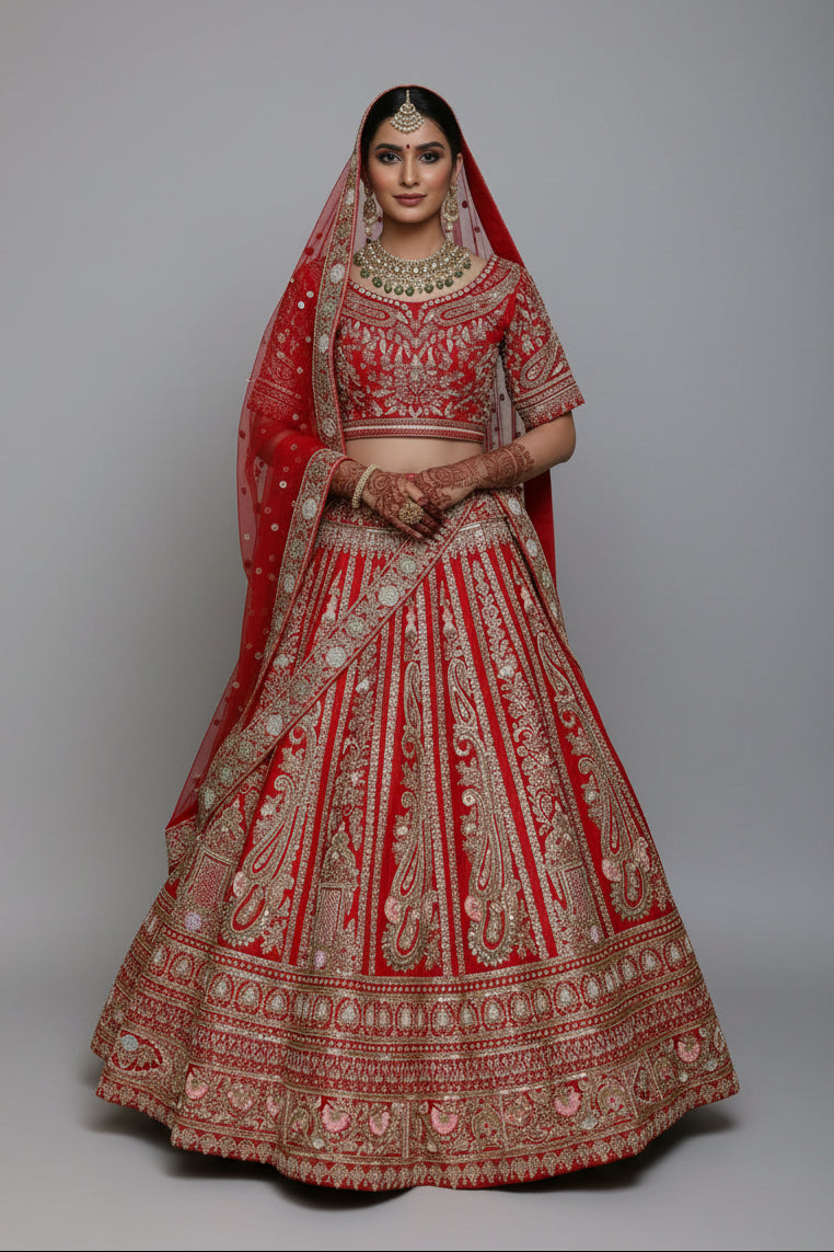 A richly embellished red silk lehenga displayed on a mannequin, featuring intricate gold embroidery and a flared design, accompanied by a matching silk blouse and a net dupatta with borders.