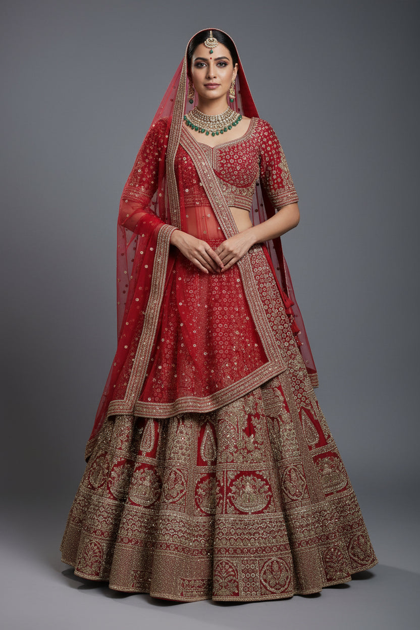 A rich red silk lehenga with ornate gold and silver embroidery, including kalis, zari, resham, and mirrorwork. The ensemble also includes a matching silk blouse and a net dupatta with wide embroidered borders.