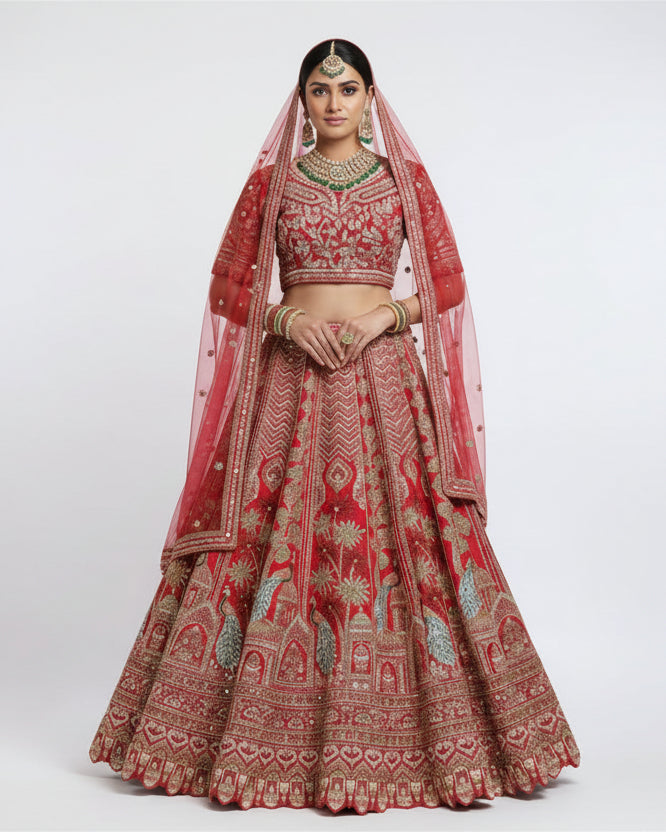 A mannequin displaying a red bridal lehenga with peacock motifs and heavy zari embroidery, accompanied by a dupatta with a border.
