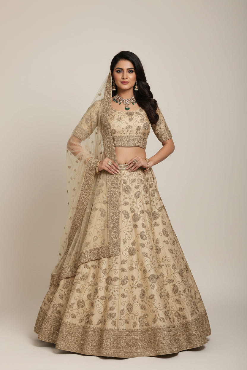 A beige silk lehenga with elaborate handwork, displayed on a mannequin, complemented by a matching blouse and a net dupatta with scalloped borders.