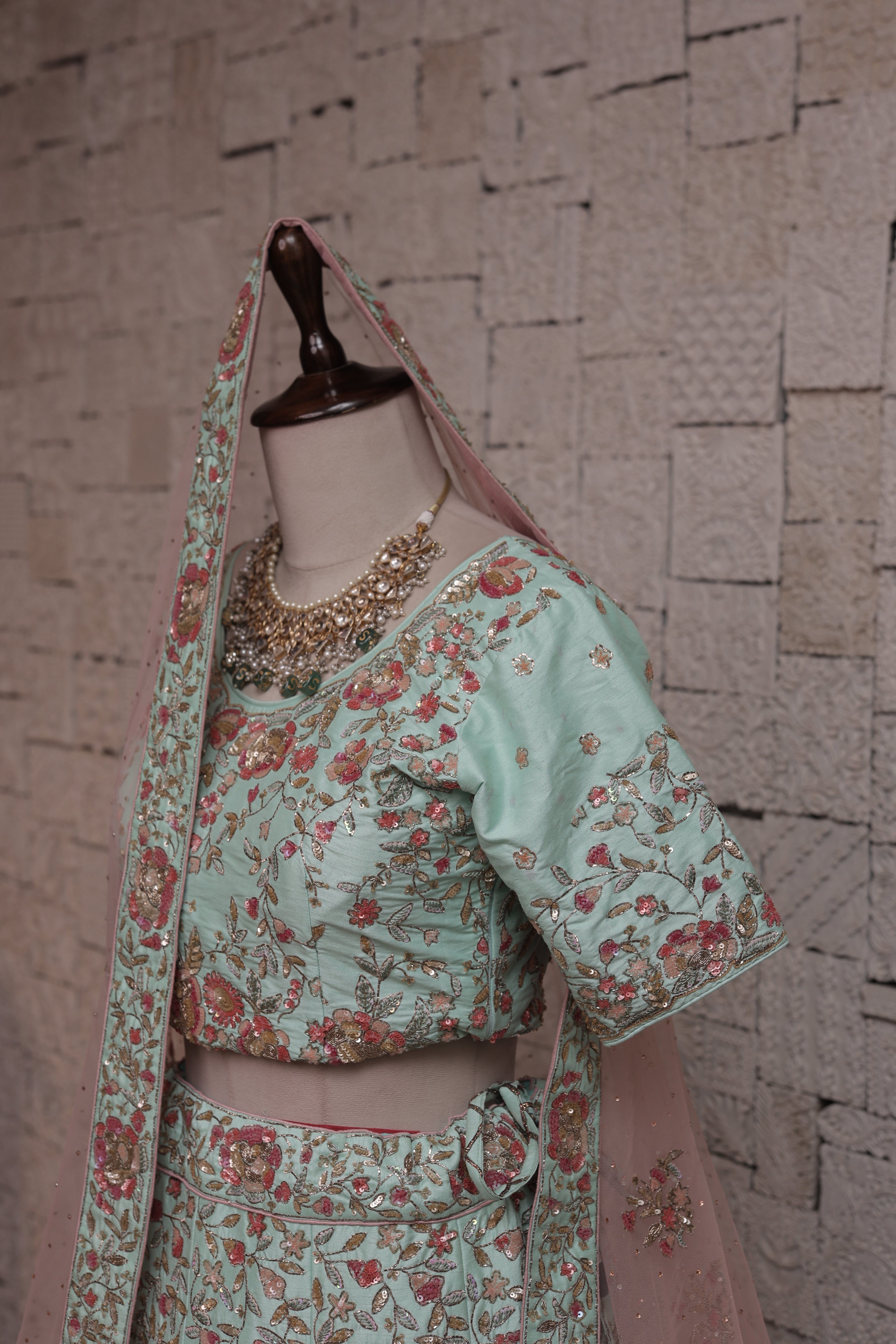 PASTEL MINT GREEN SILK LEHENGA WITH FLORAL EMBROIDERY