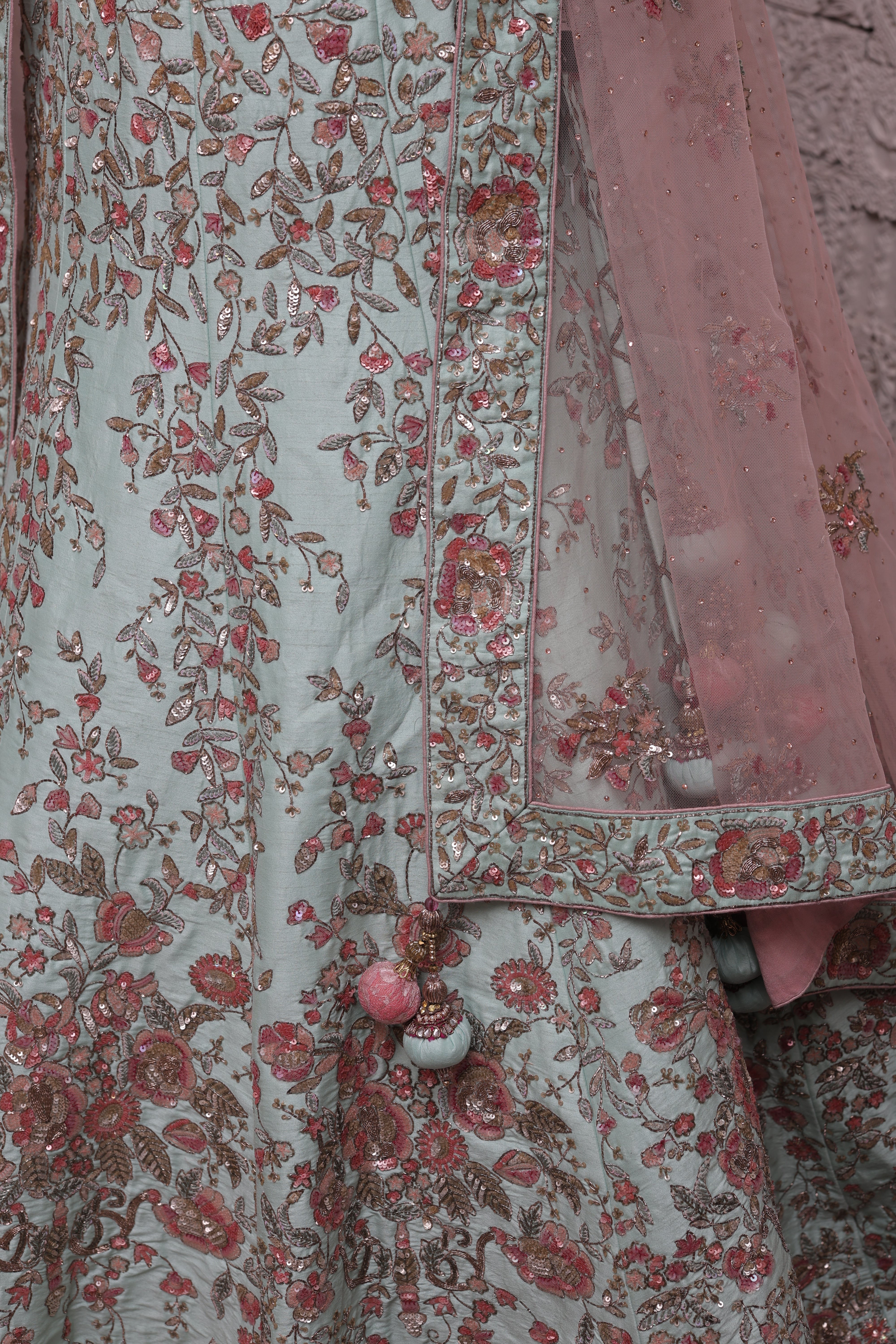 PASTEL MINT GREEN SILK LEHENGA WITH FLORAL EMBROIDERY