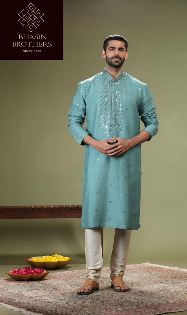Blue Silk kurta with embellishments