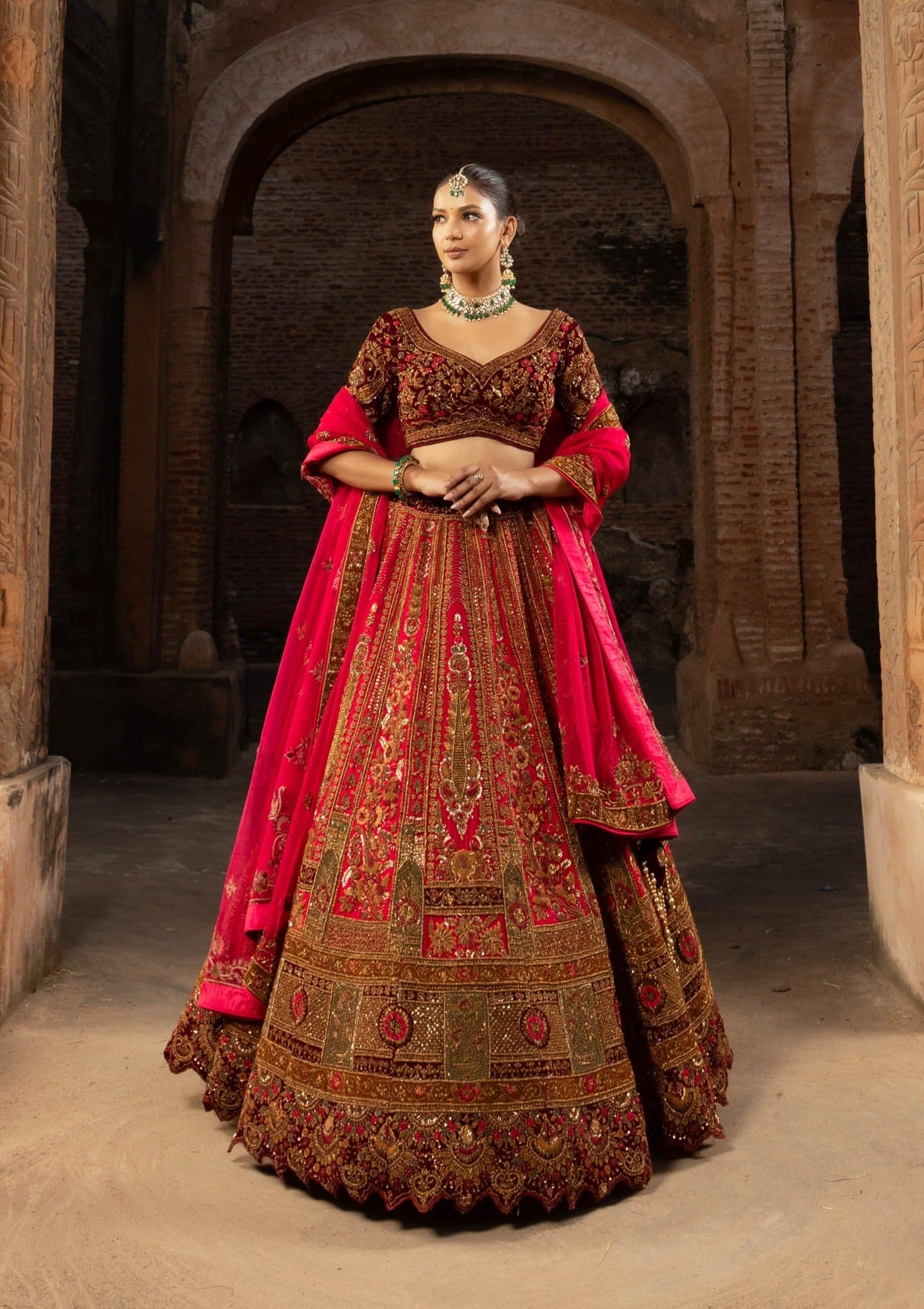 Silk Bridal Lehenga in Regal Red, Brown, and Maroon with Ethereal Organza Dupatta