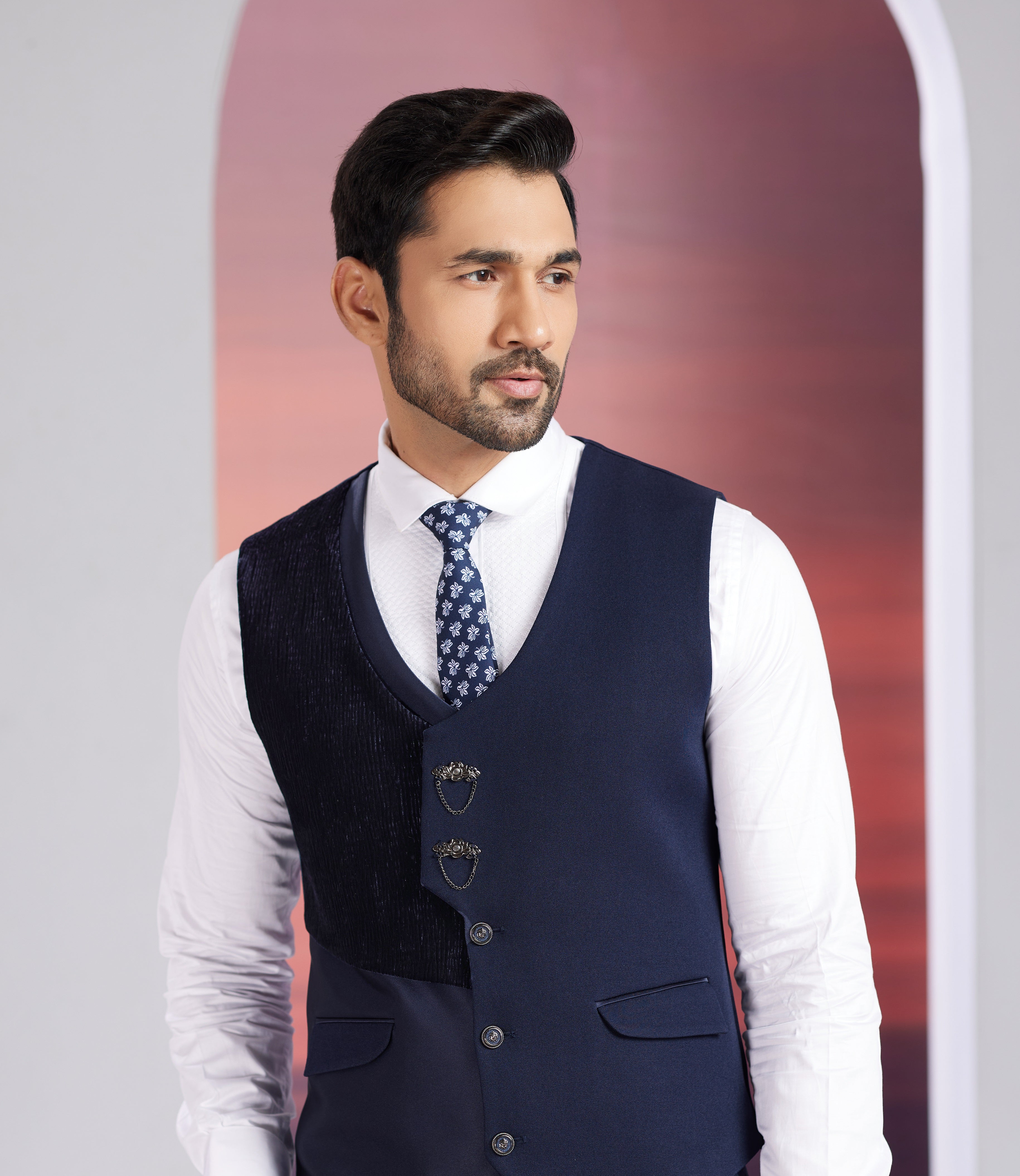 Blue mens tuxedo with waistcoat