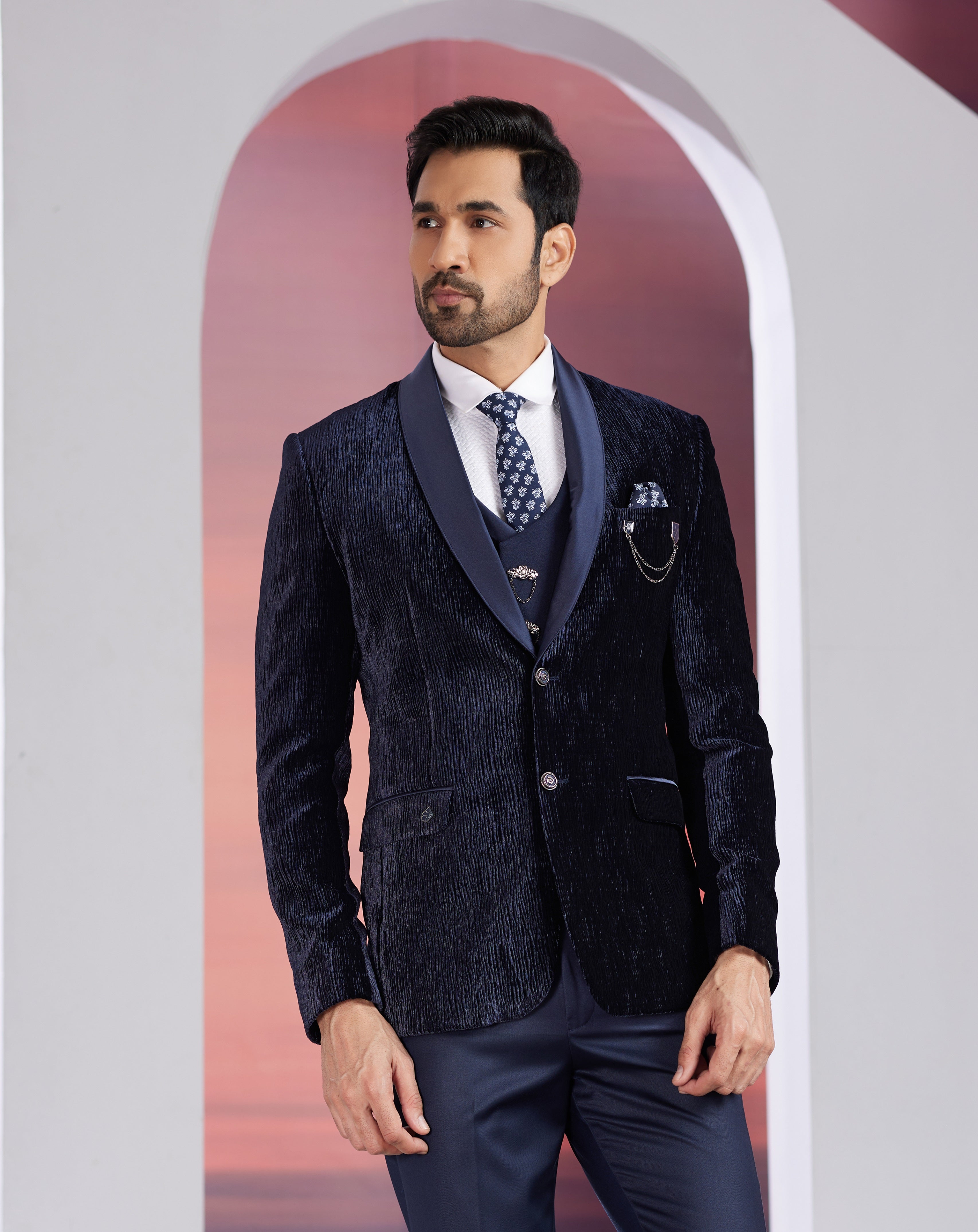 Blue mens tuxedo with waistcoat
