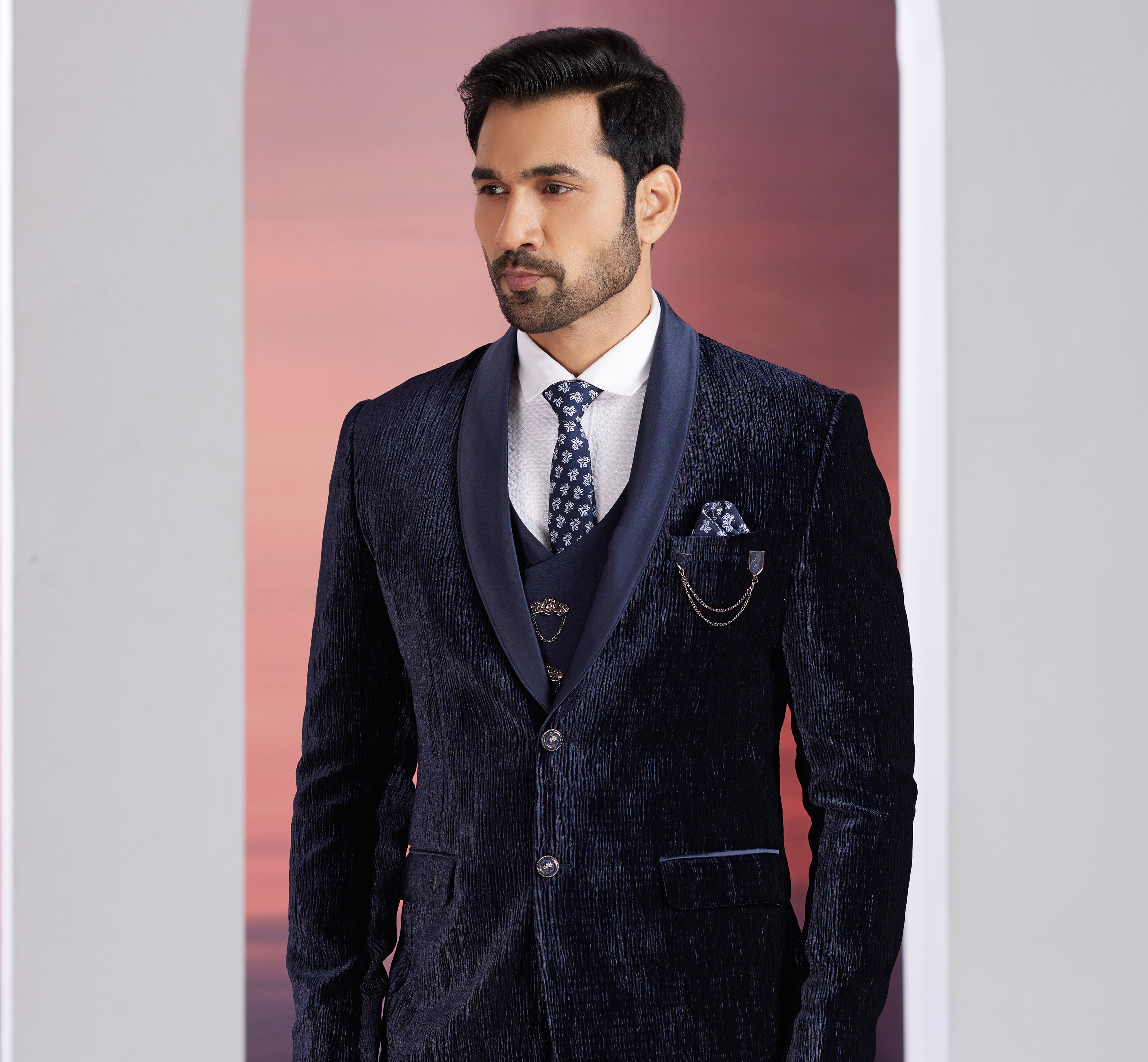 Blue mens tuxedo with waistcoat