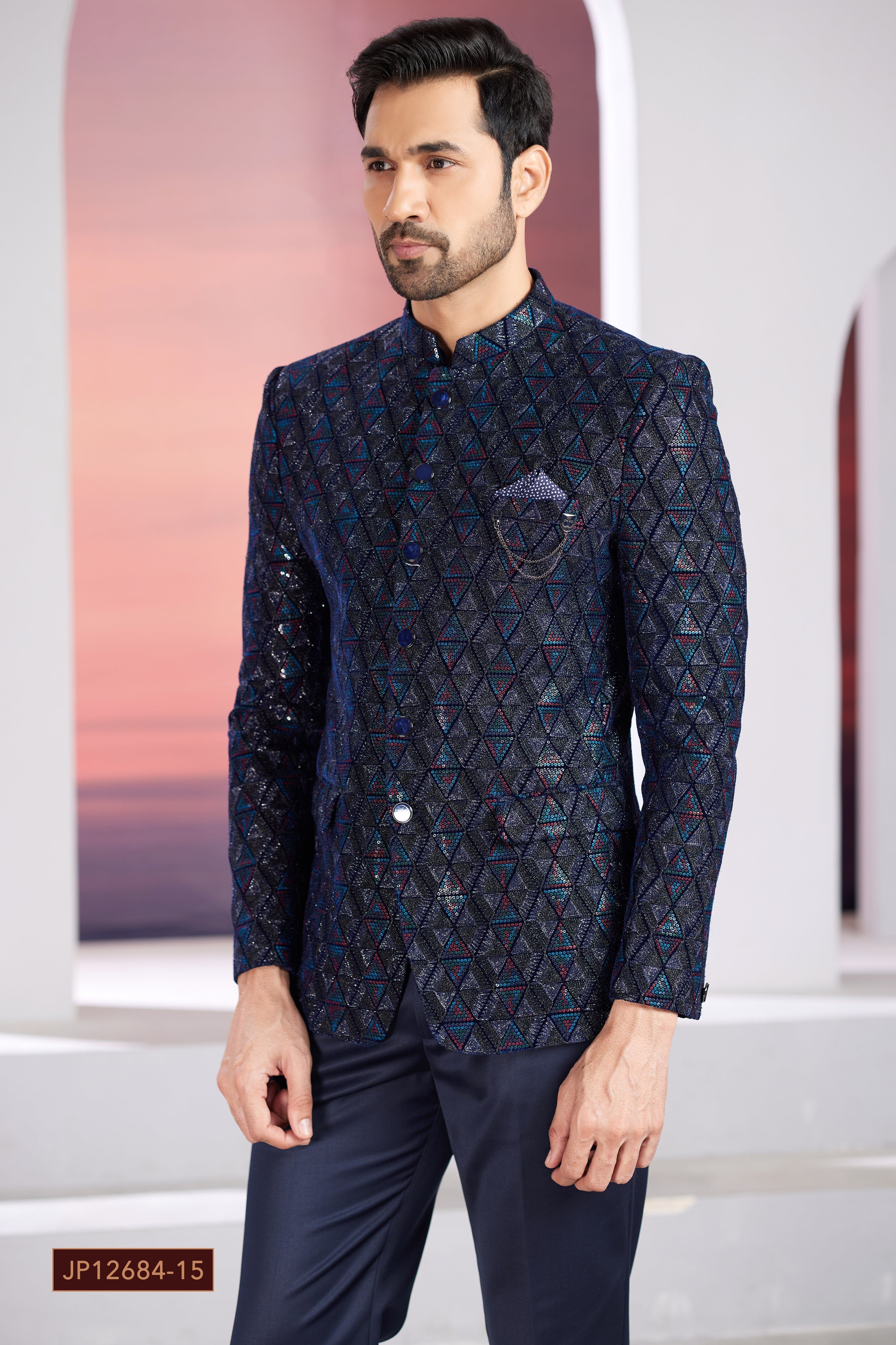 Navy blue men’s indoor-western jacket set