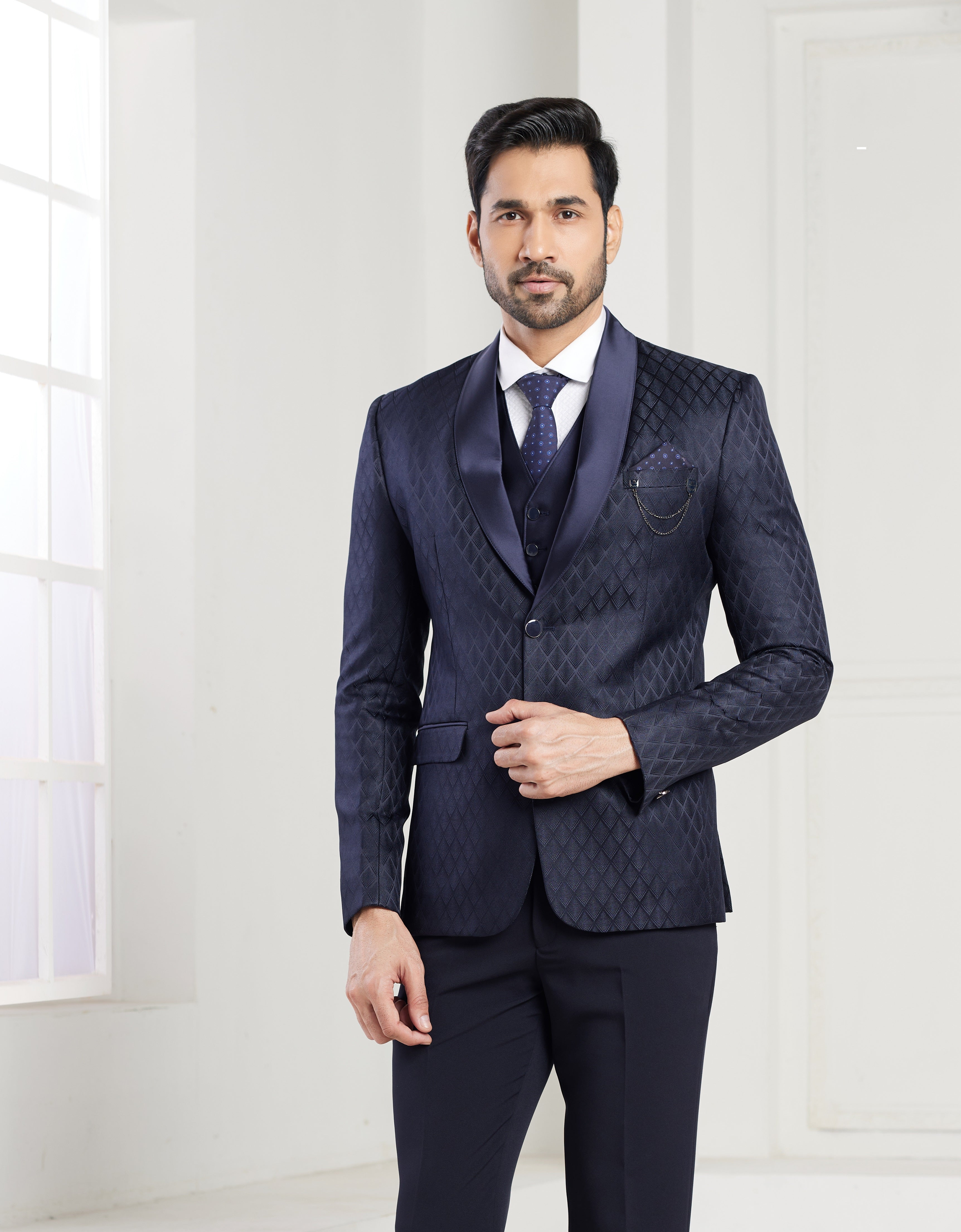 Purple mens tuxedo with threadwork