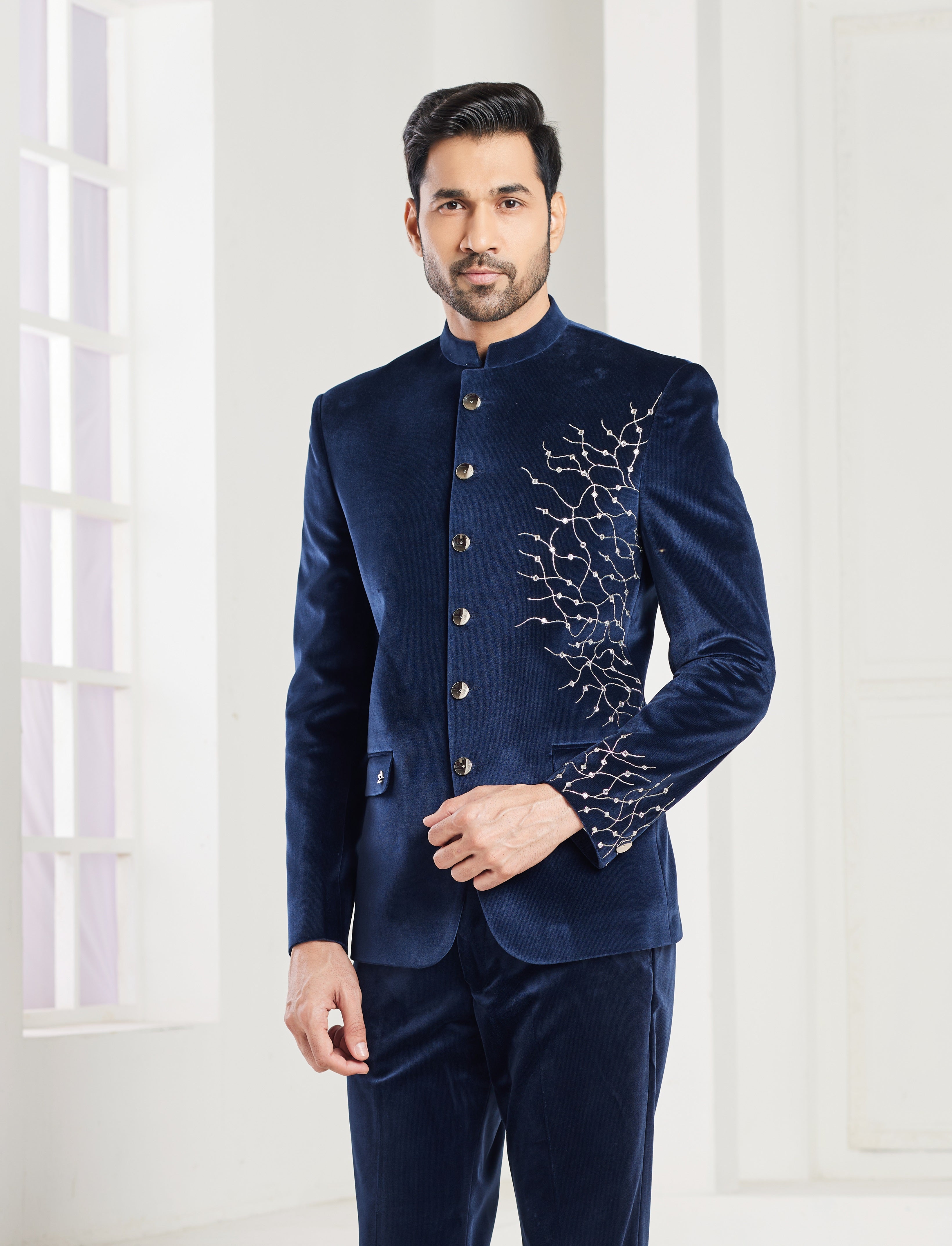 Blue indo-western jacket set with silver embroidery