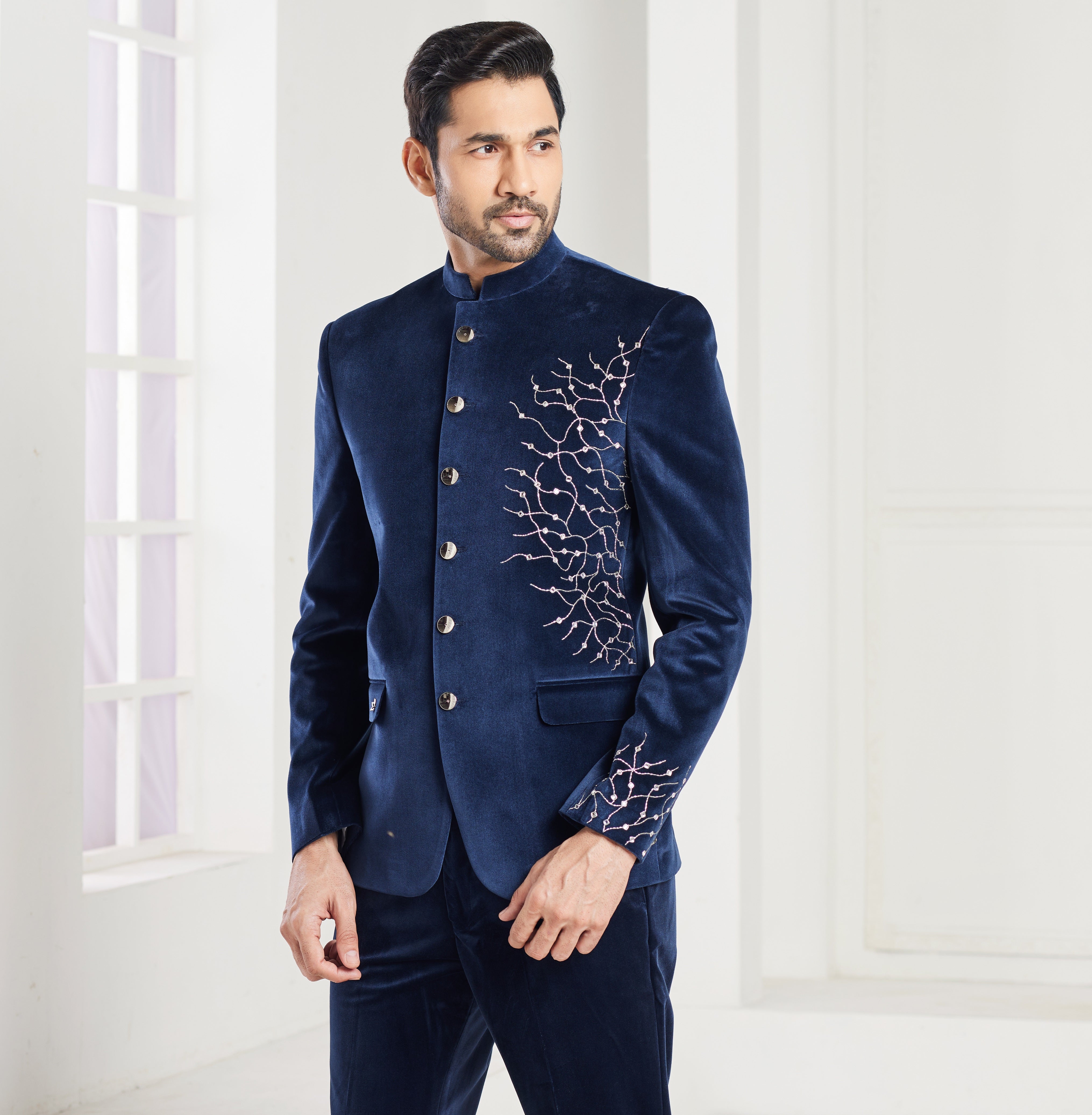 Blue indo-western jacket set with silver embroidery