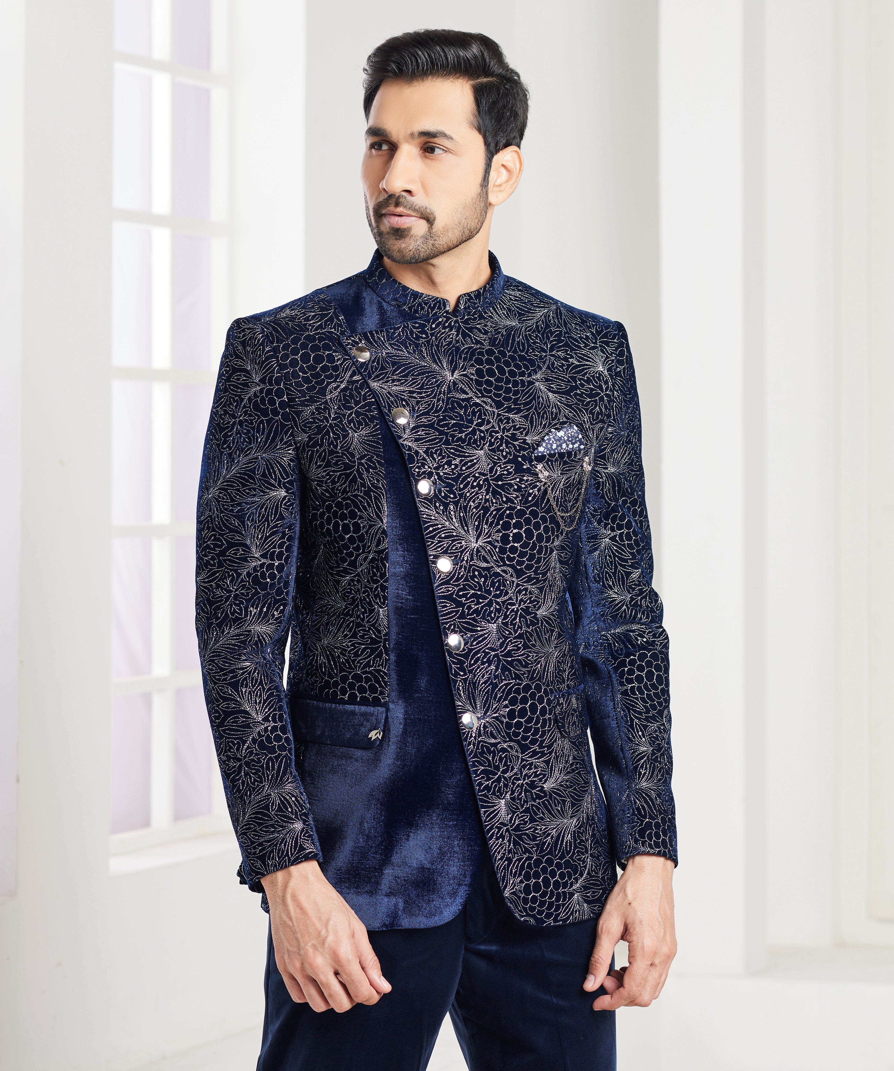 Blue indo-western jacket set with embellishments