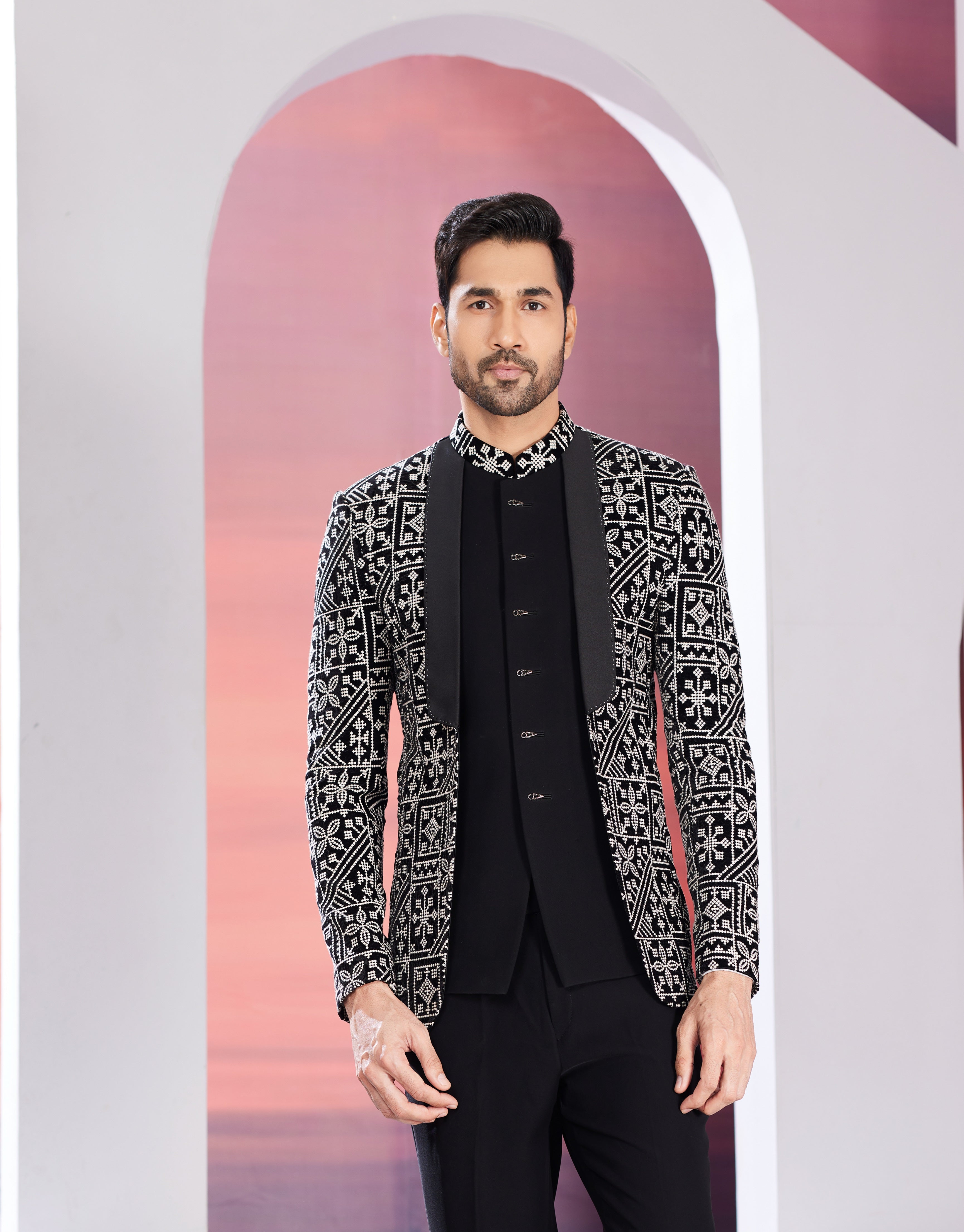 Black indo-western jacket set with embellishments
