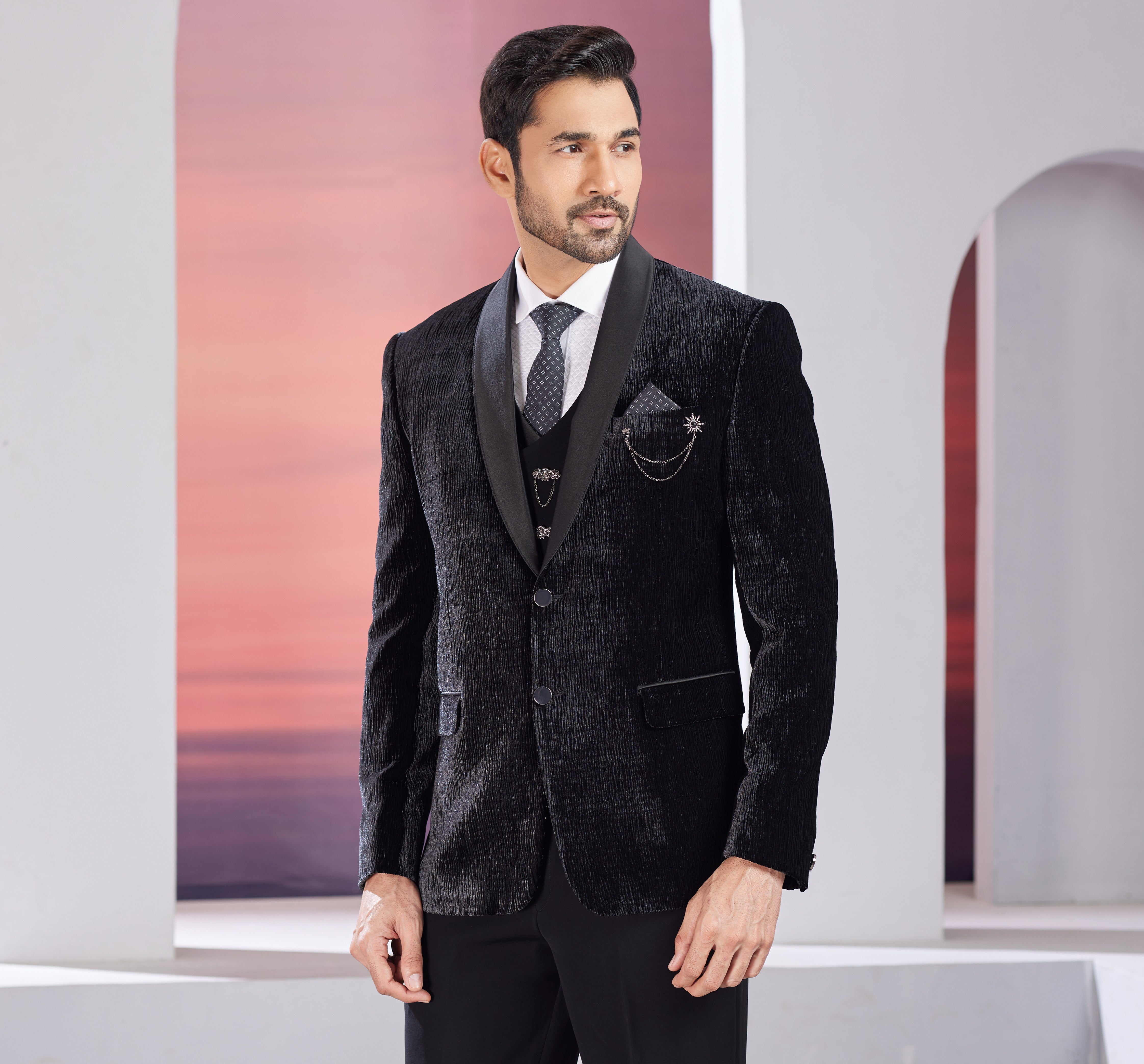 Black mens tuxedo with waistcoat