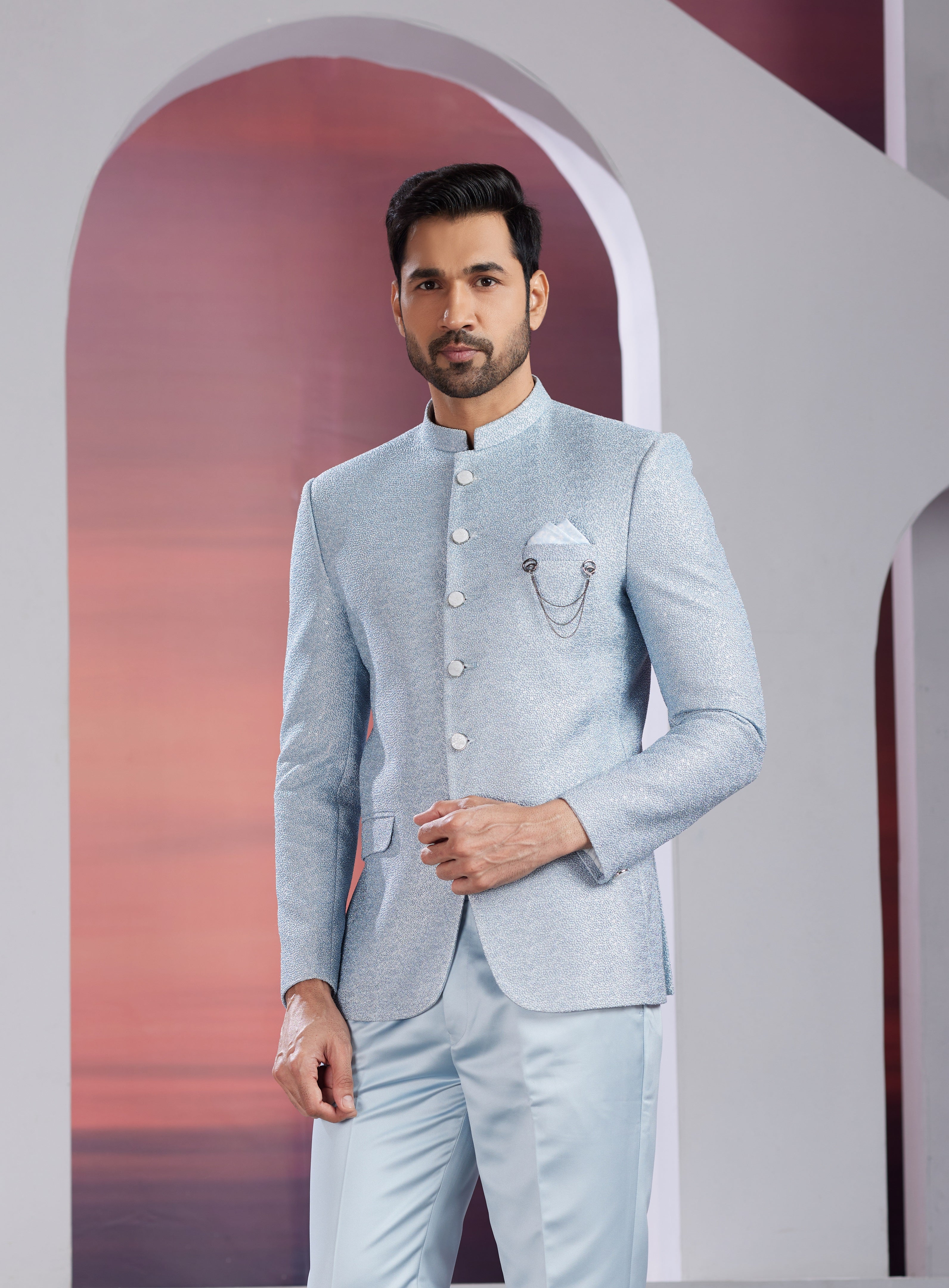 Pastel blue indo-western jacket set