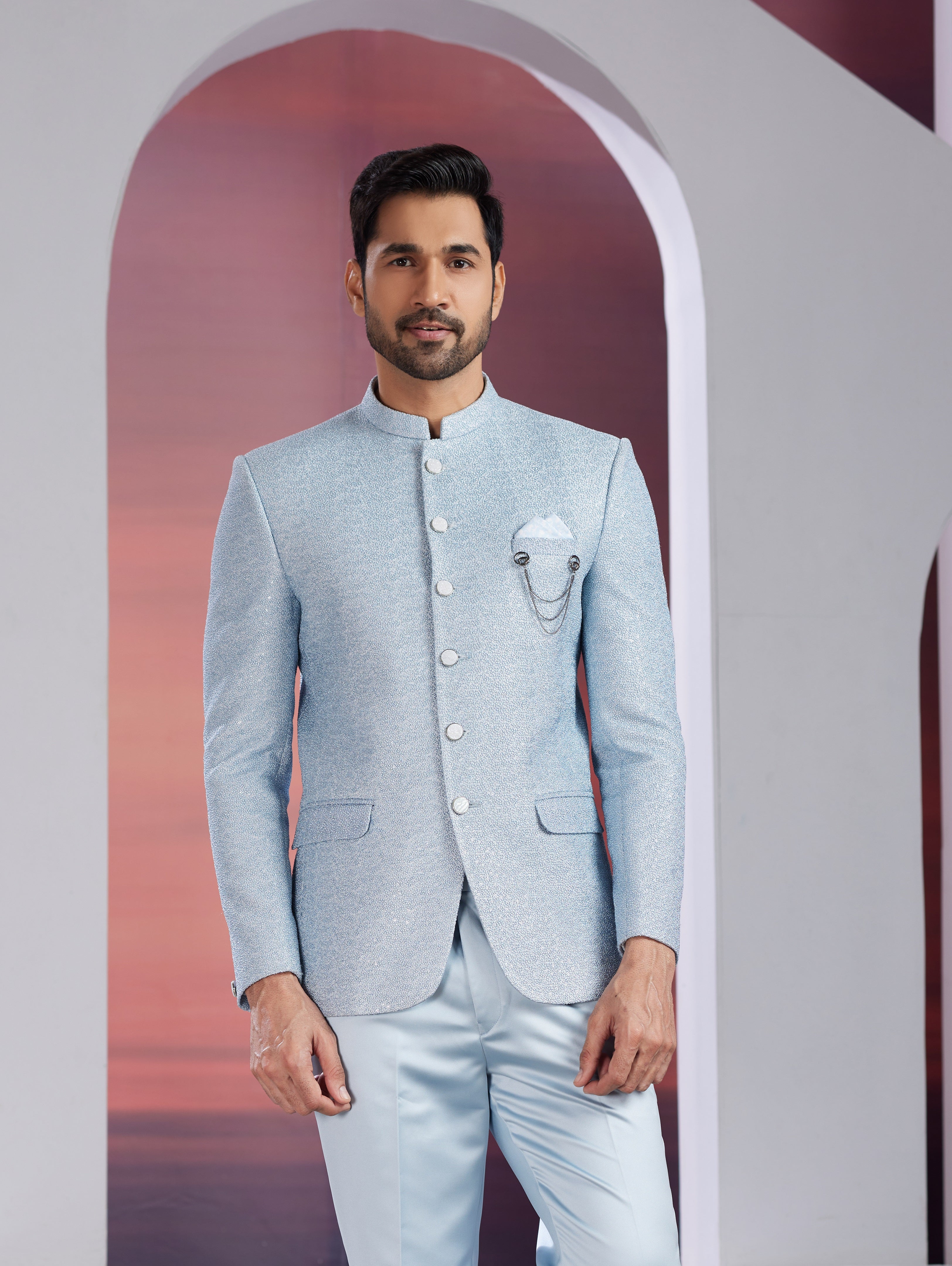 Pastel blue indo-western jacket set