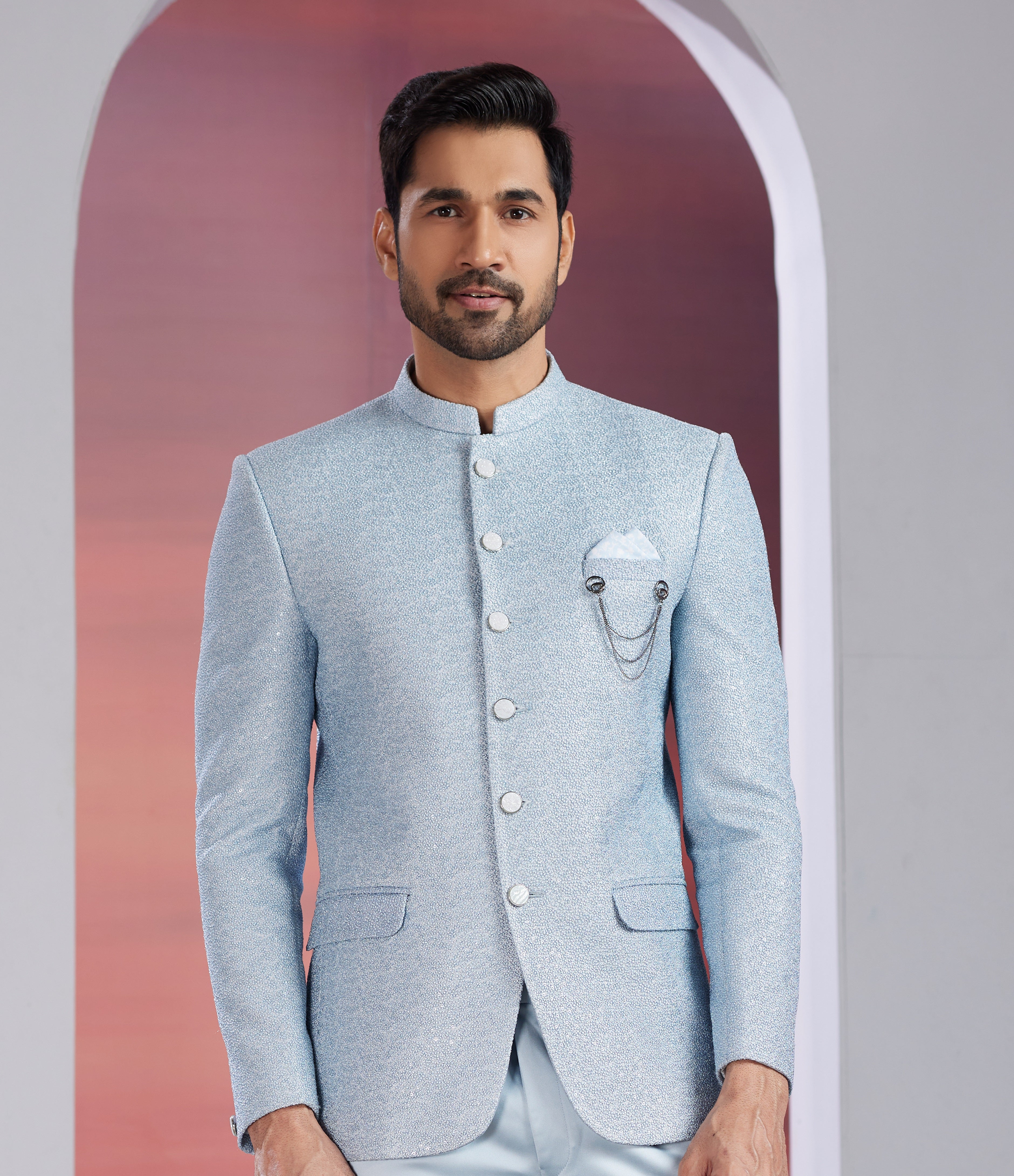 Pastel blue indo-western jacket set