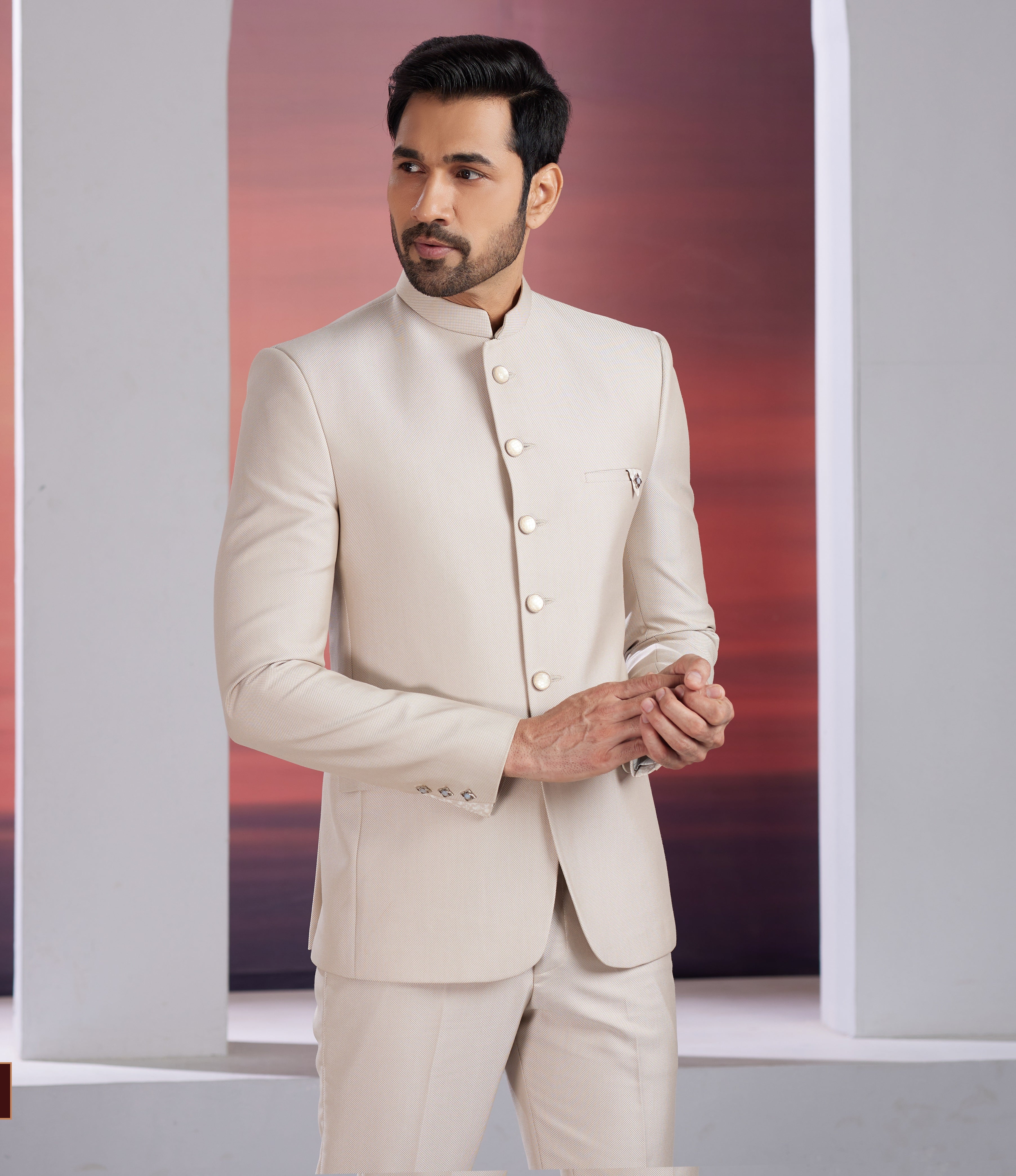 Cream indo-western men’s jacket set