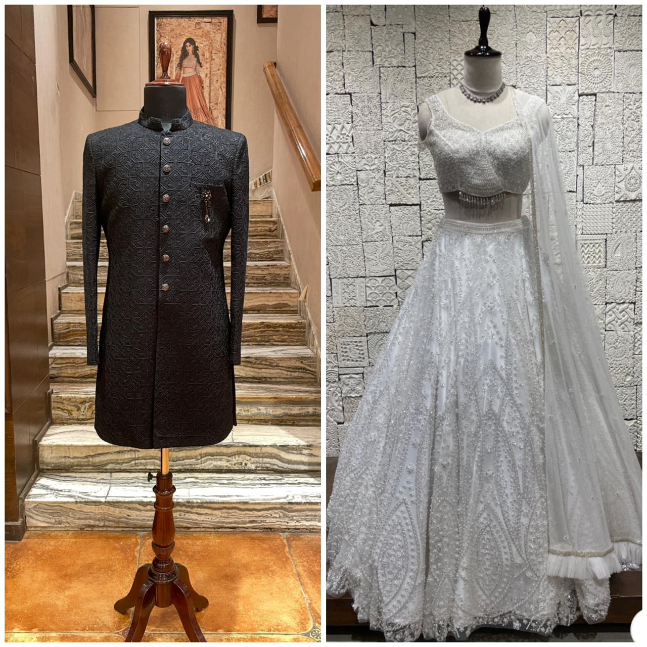 Custom black thread sherwani & white pearl lehenga
