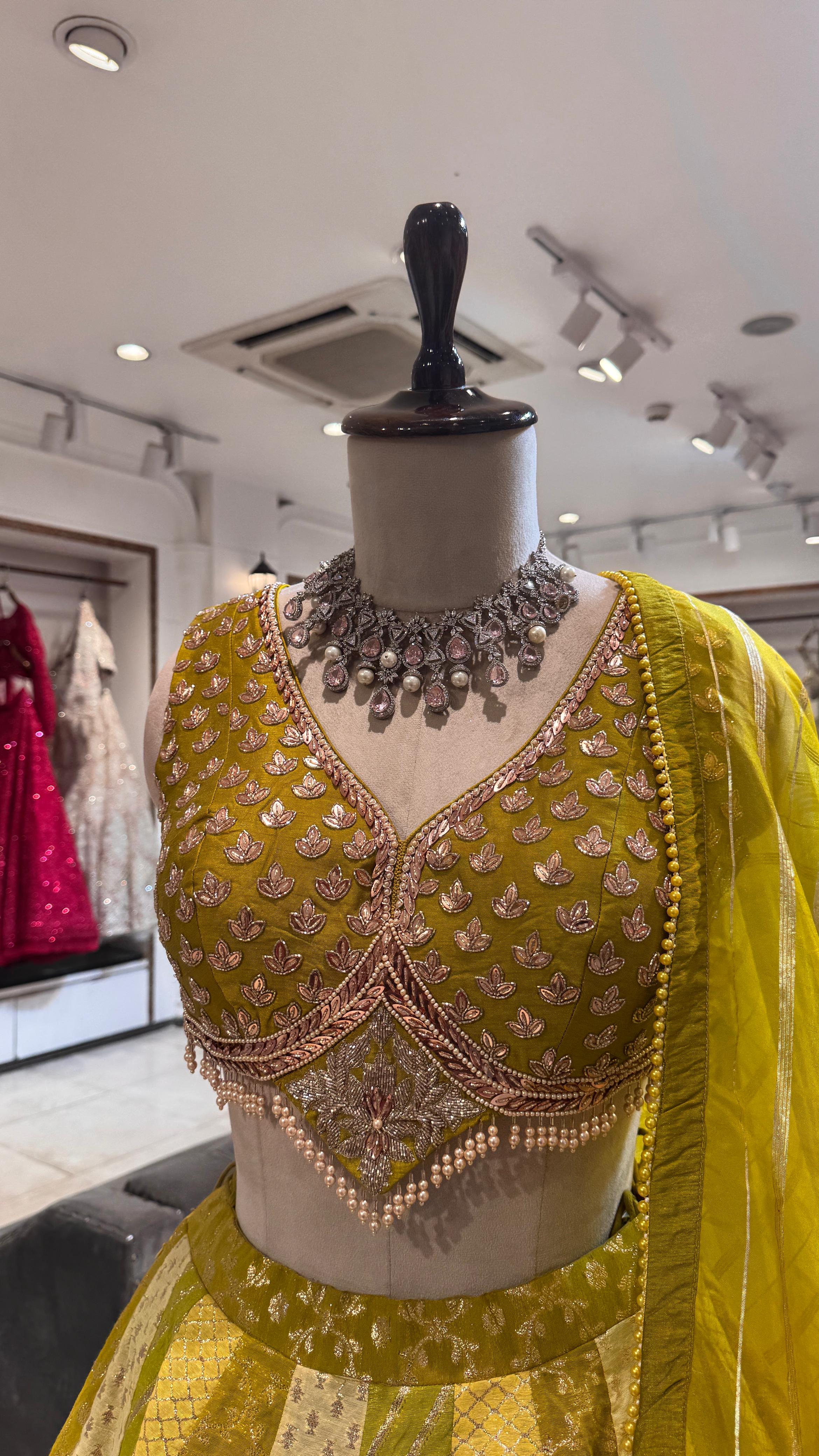 Mahendi Silk lehenga with sequence and thread work