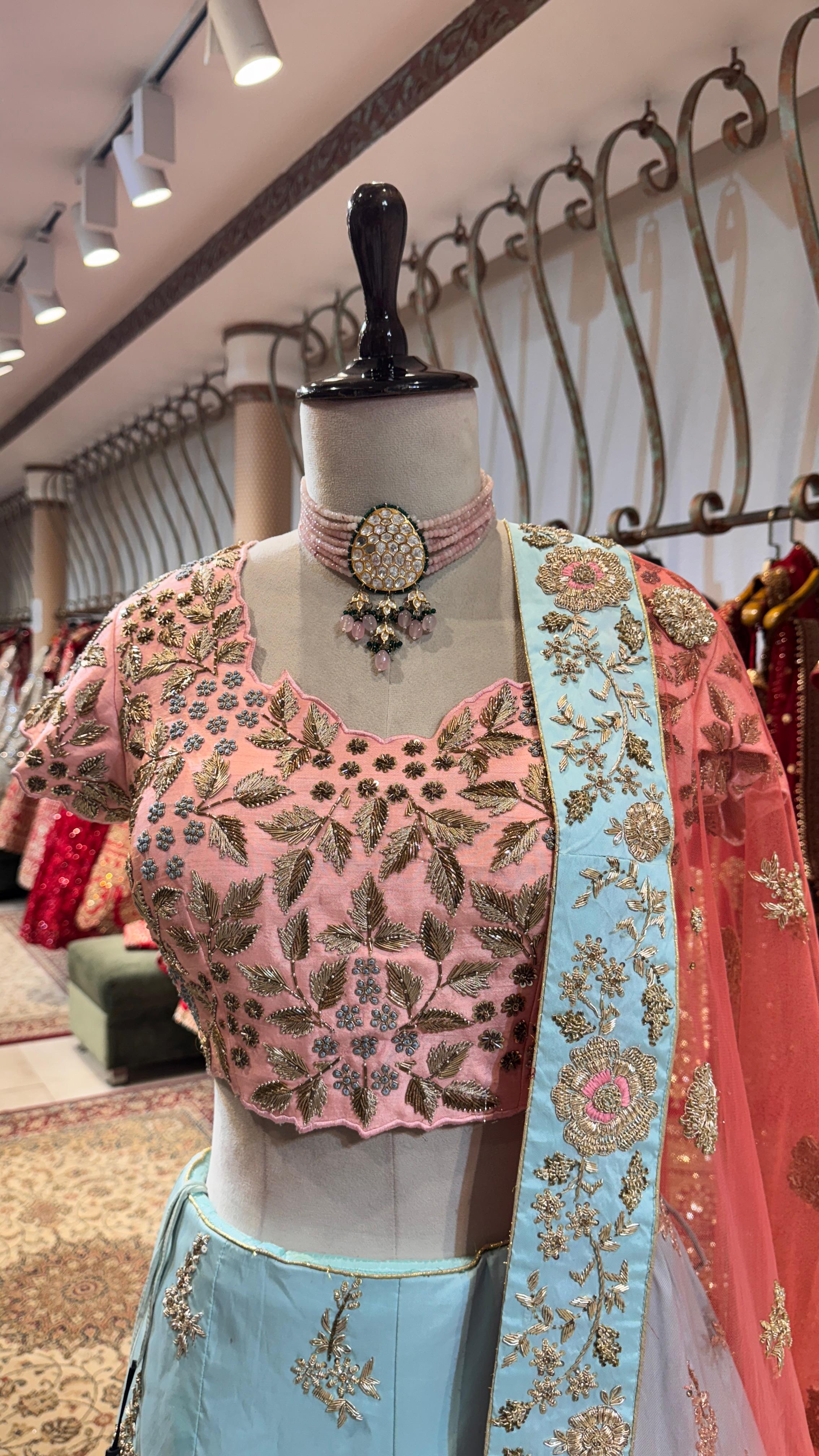 Pink and green lehenga