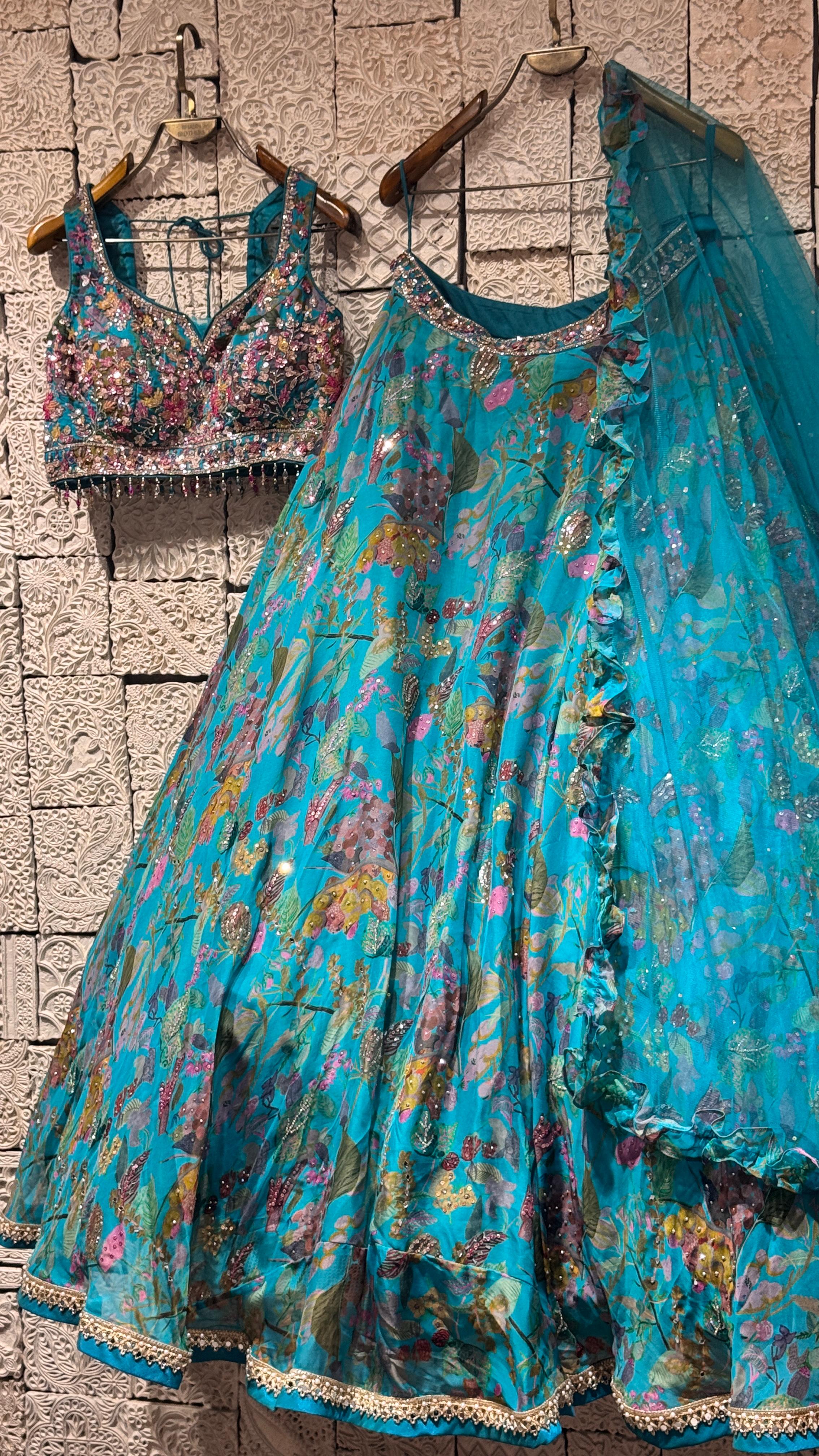 Blue floral print lehenga with embroidered blouse
