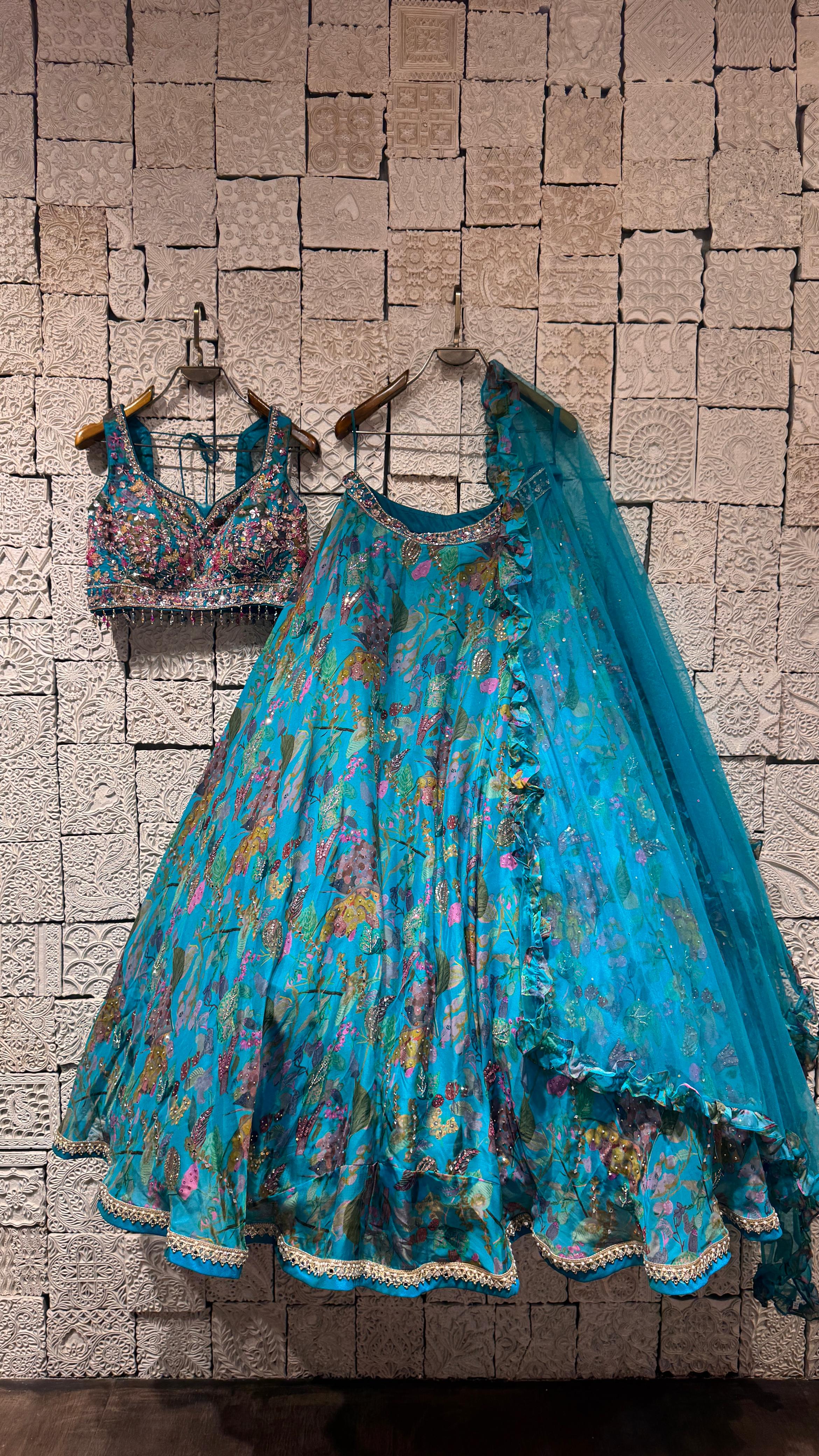 Blue floral print lehenga with embroidered blouse
