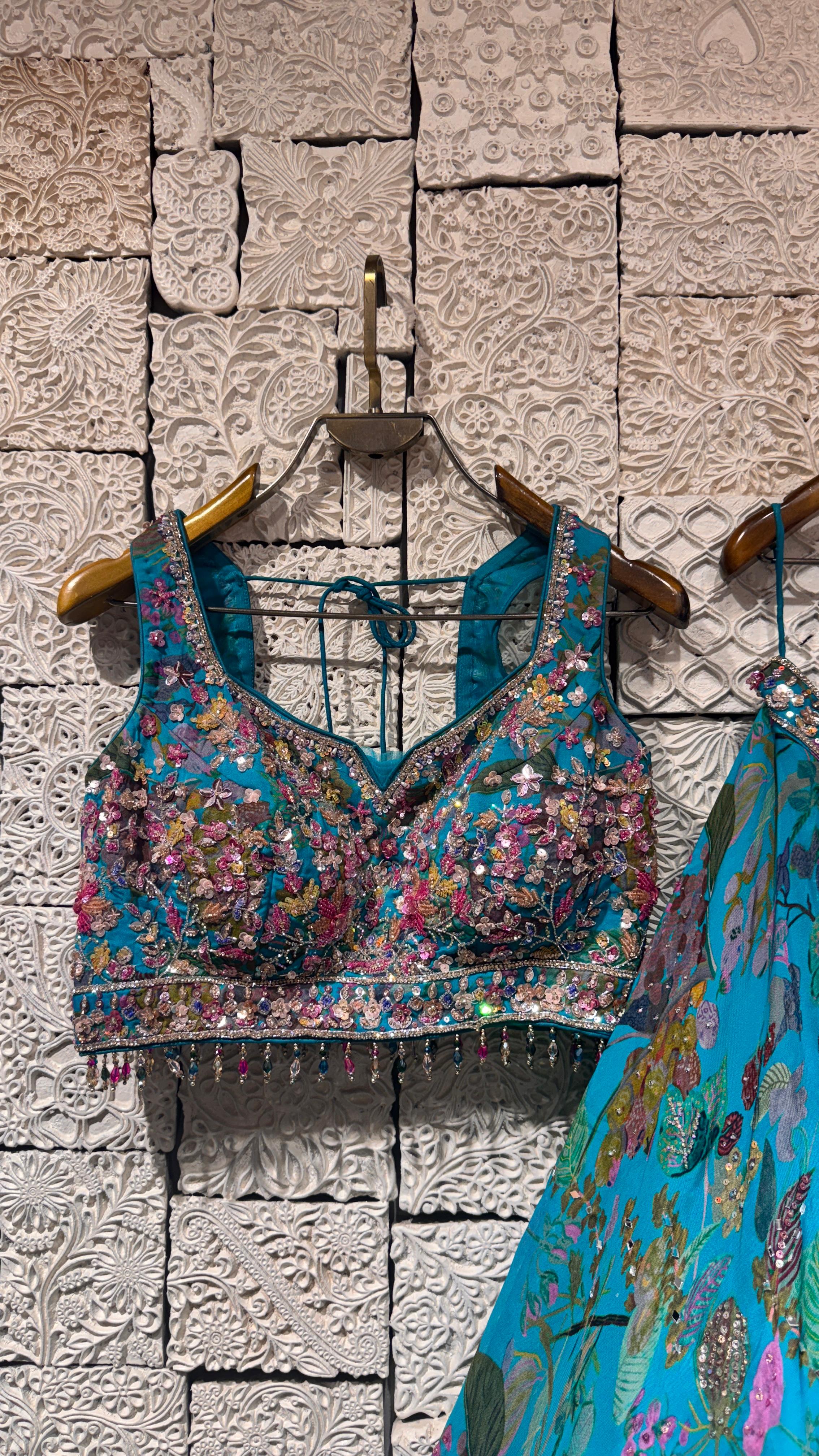 Blue floral print lehenga with embroidered blouse