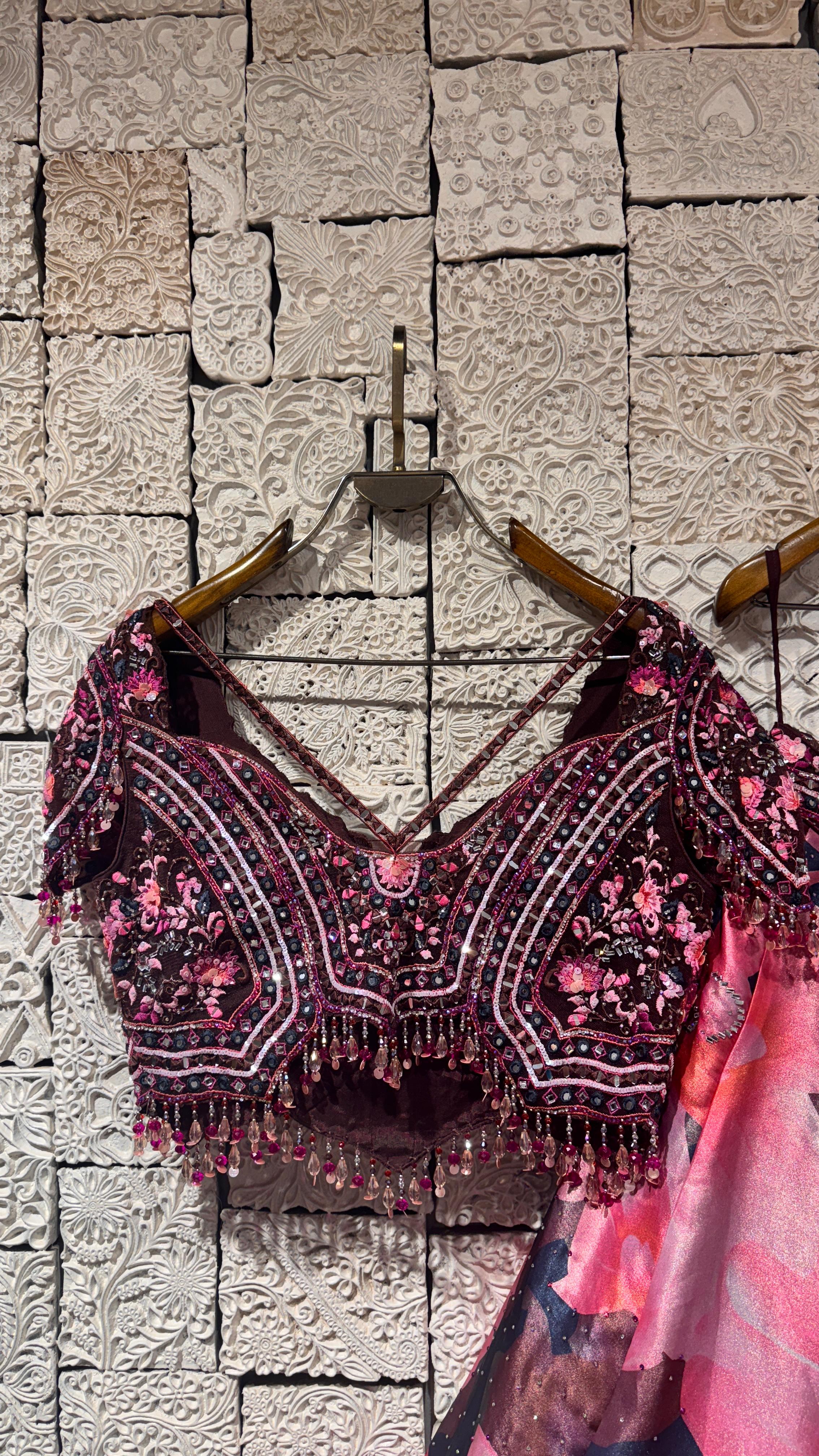 pink floral lehenga with embroidered blouse