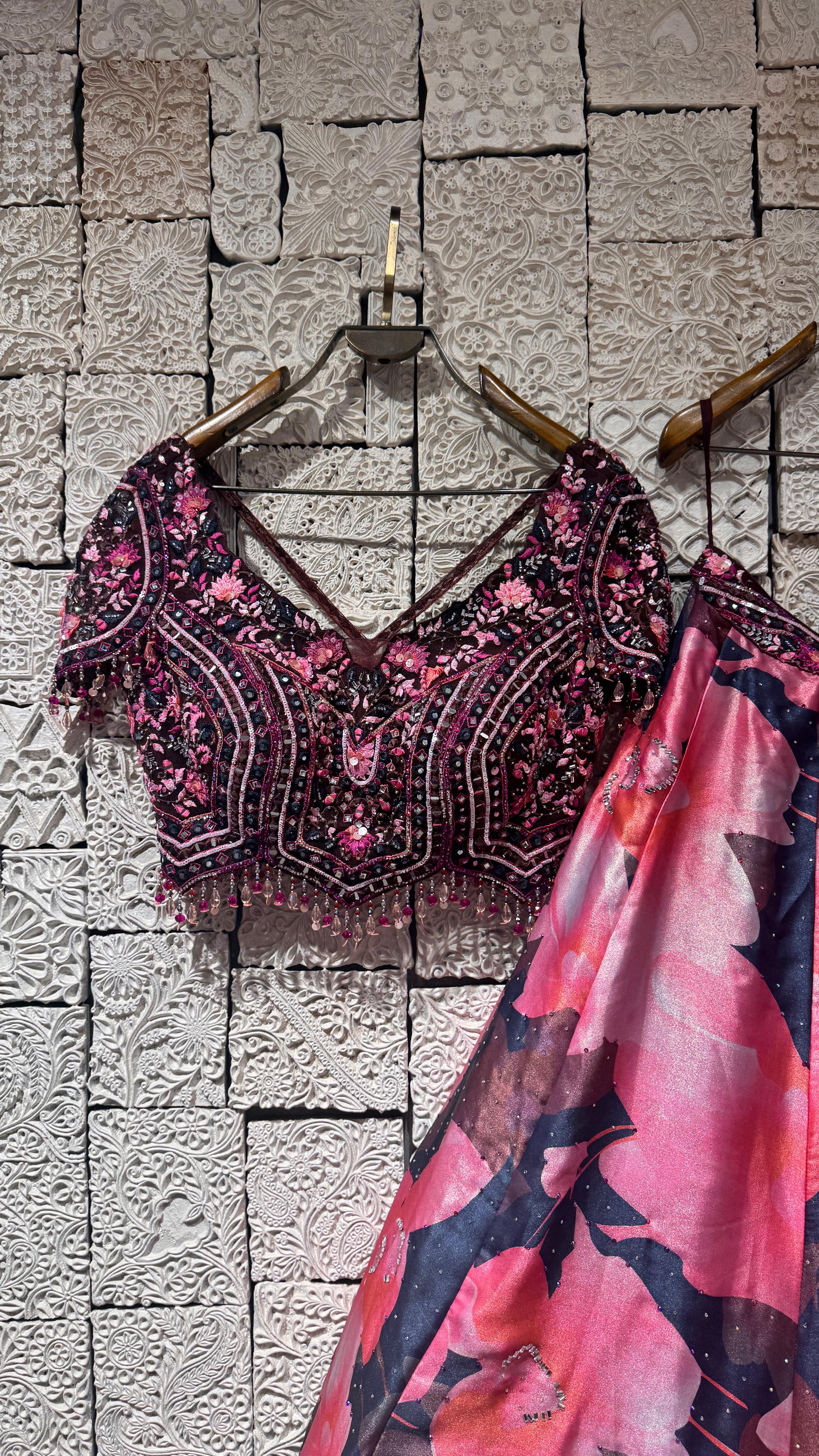 pink floral lehenga with embroidered blouse