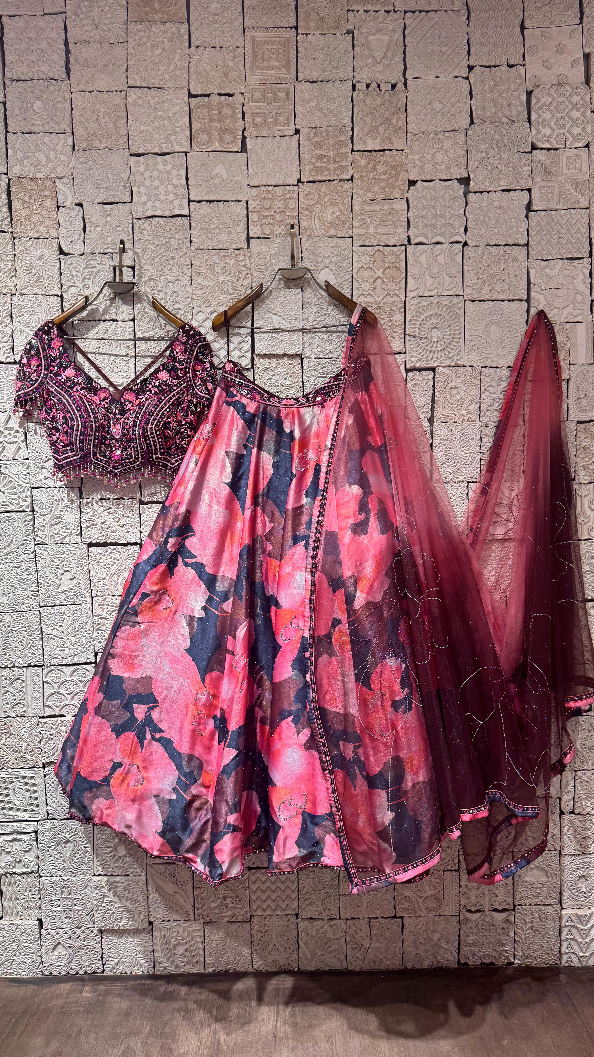 pink floral lehenga with embroidered blouse