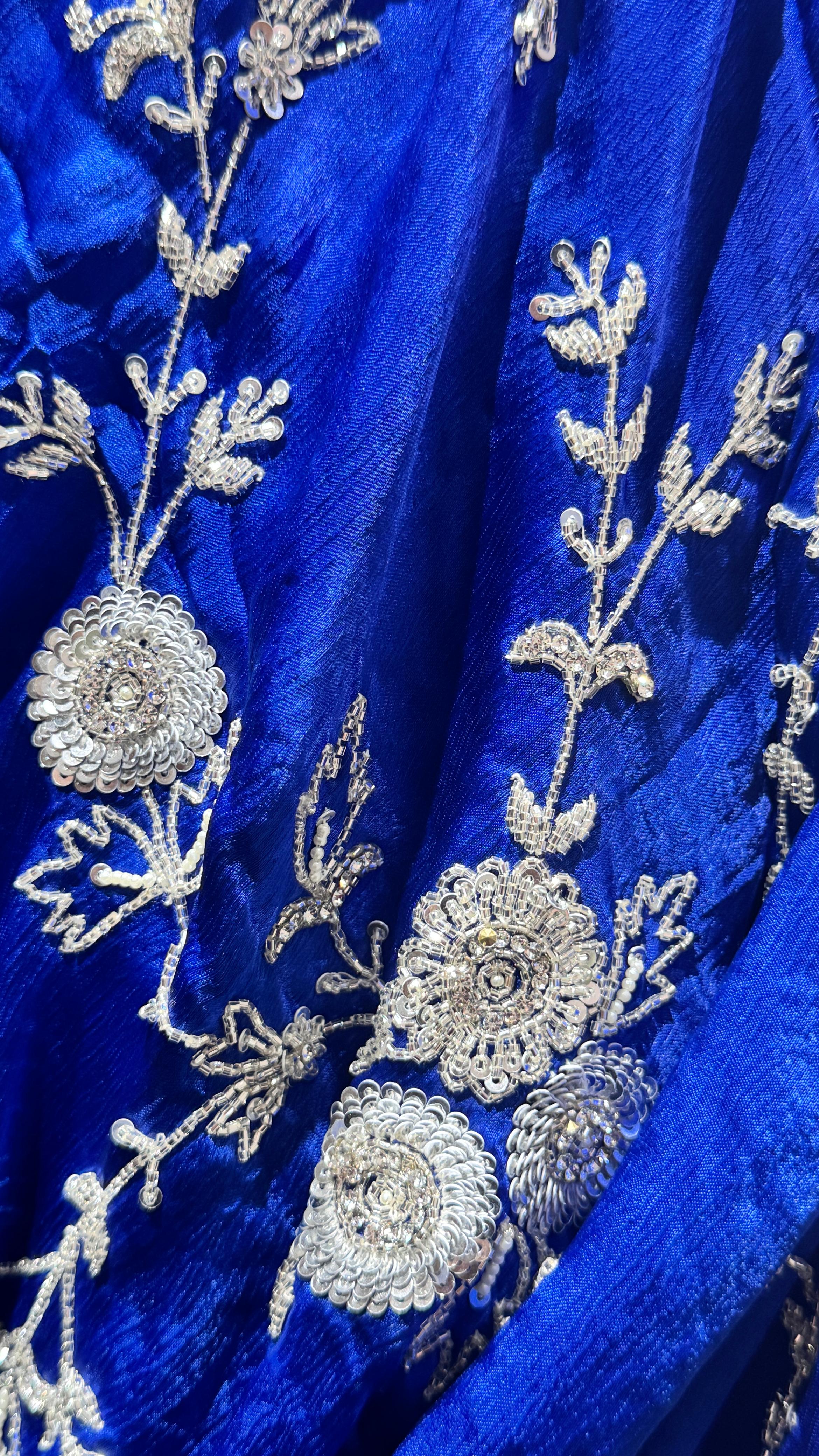 Blue Saree with Silver Floral Embroidery