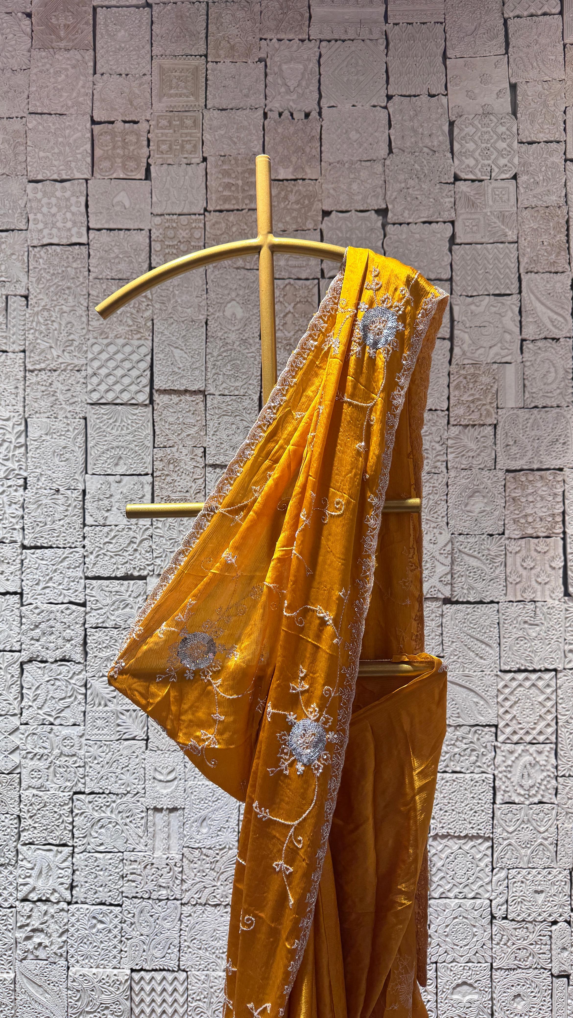 Mustard Yellow Saree with Silver Floral Embroidery