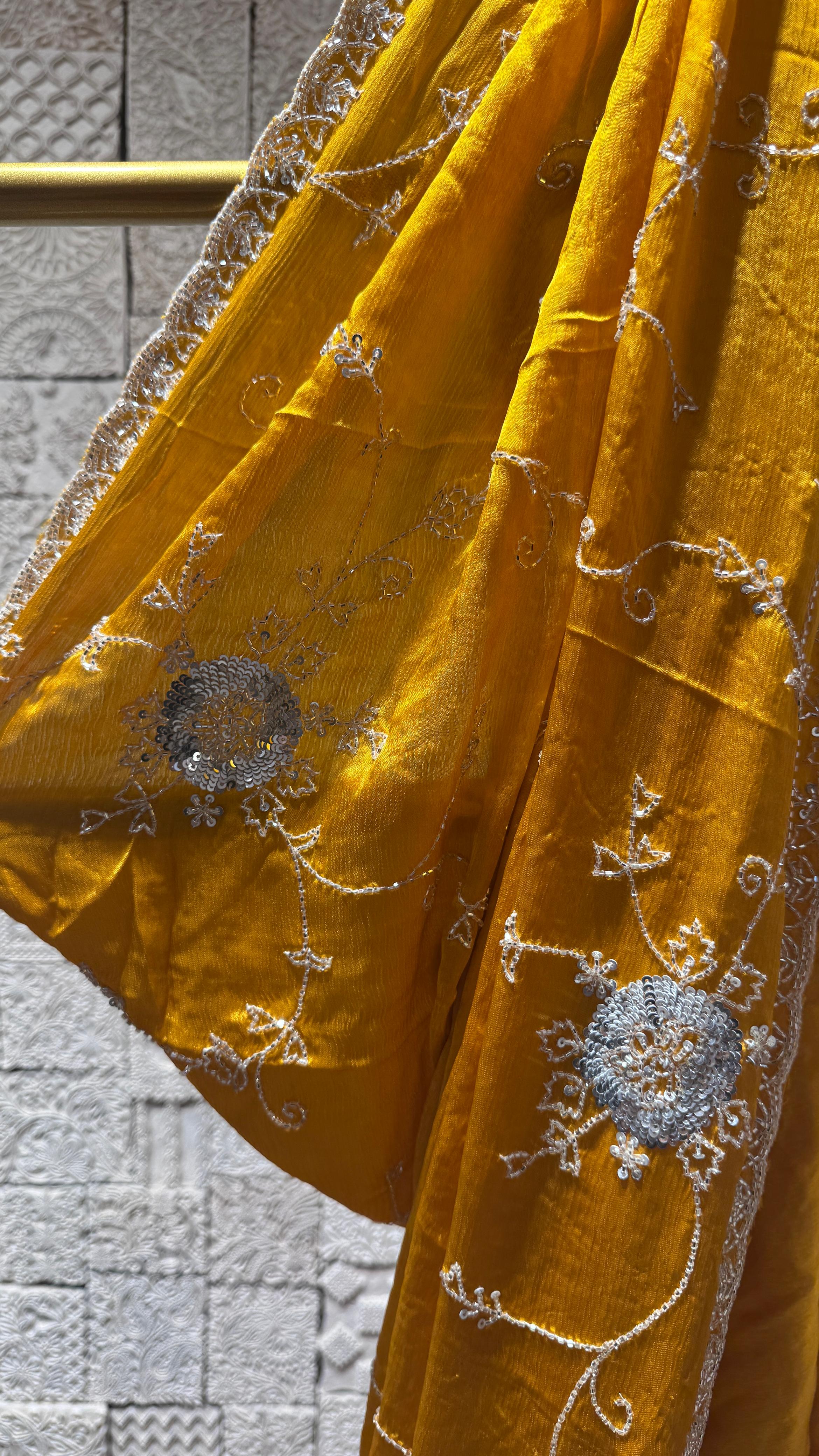 Mustard Yellow Saree with Silver Floral Embroidery
