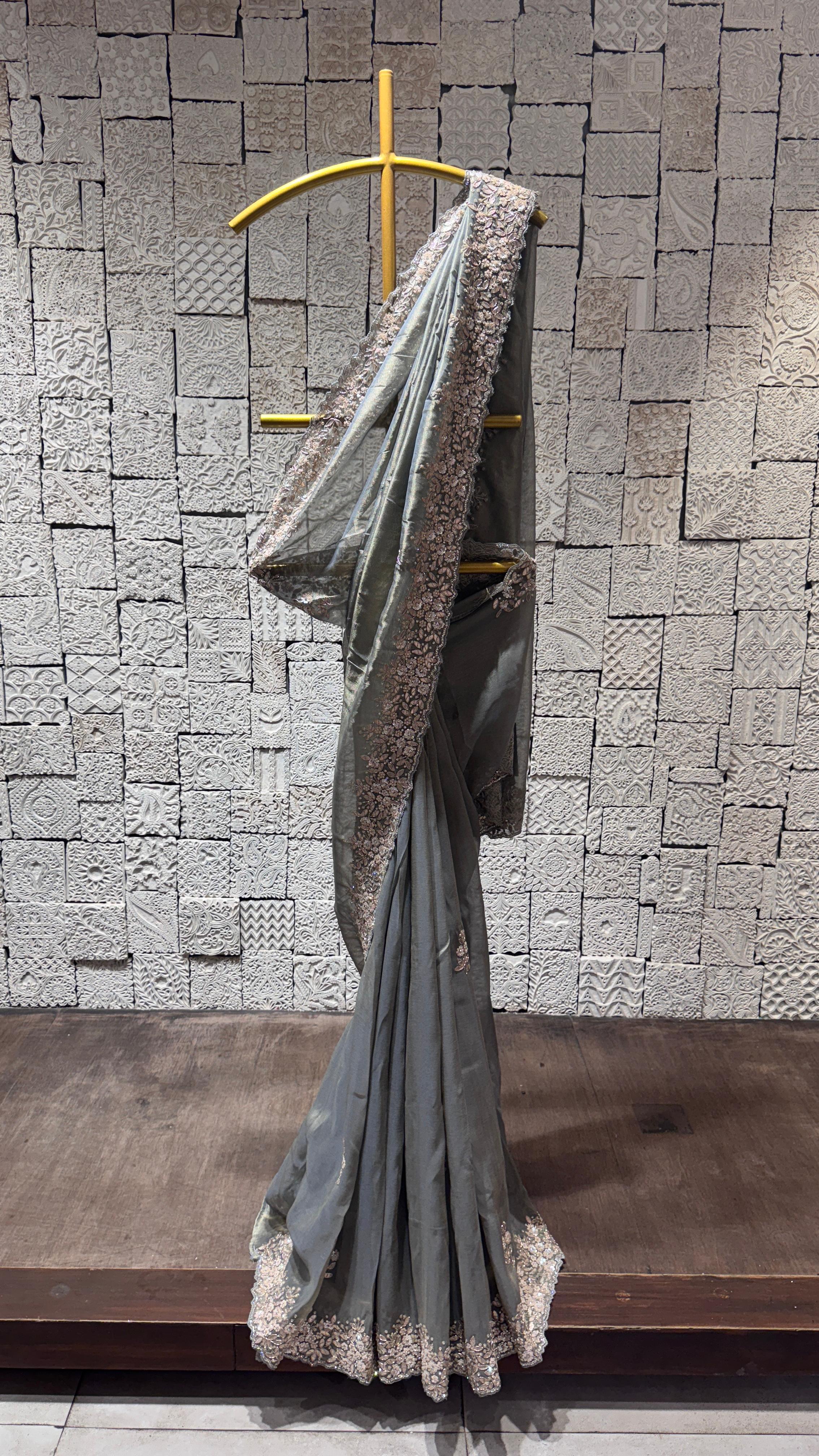 Grey Saree with Embellished Border and Designer Blouse
