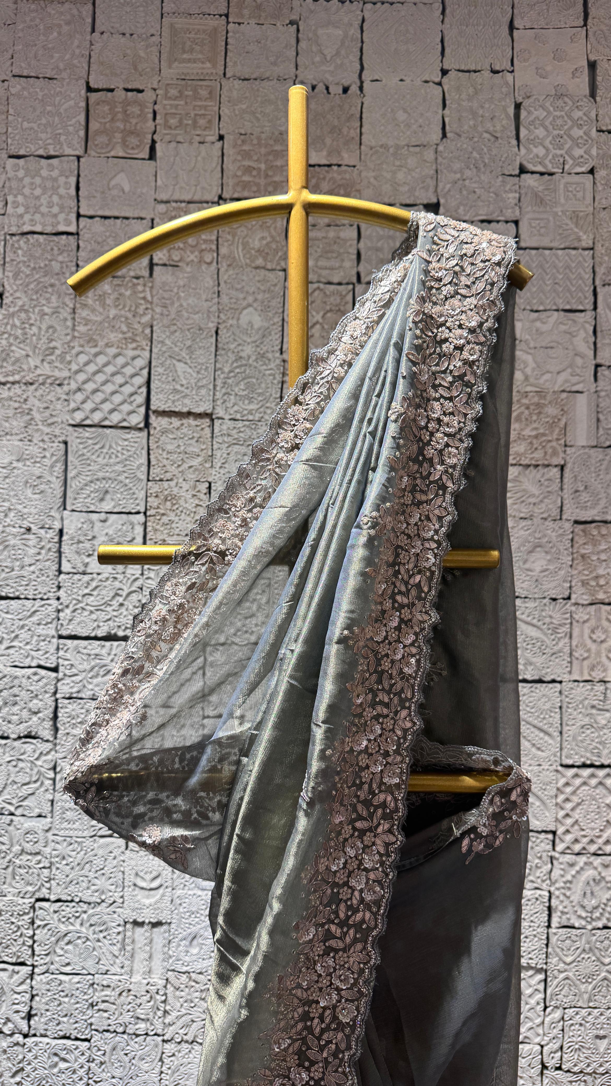 Grey Saree with Embellished Border and Designer Blouse