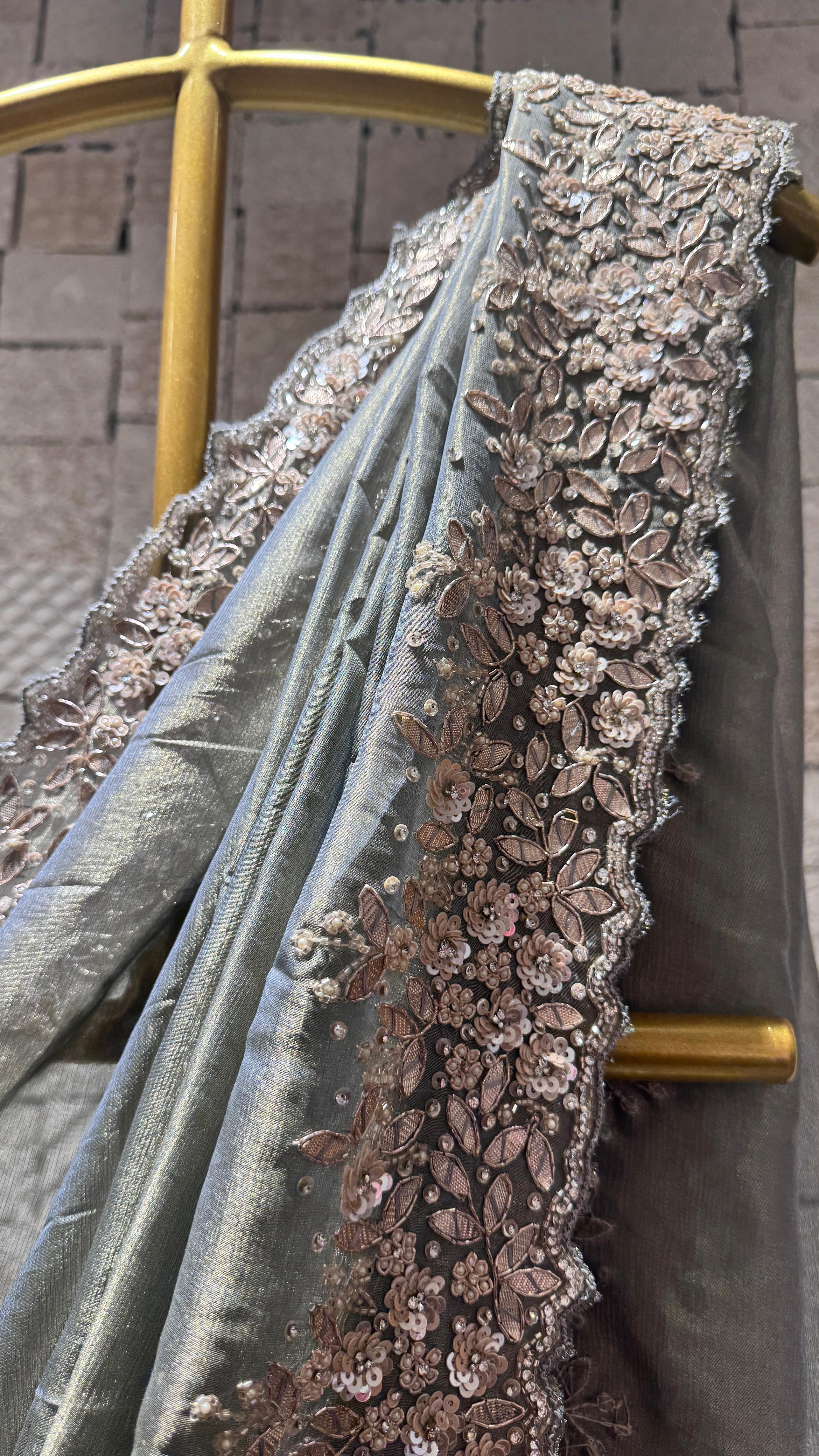 Grey Saree with Embellished Border and Designer Blouse