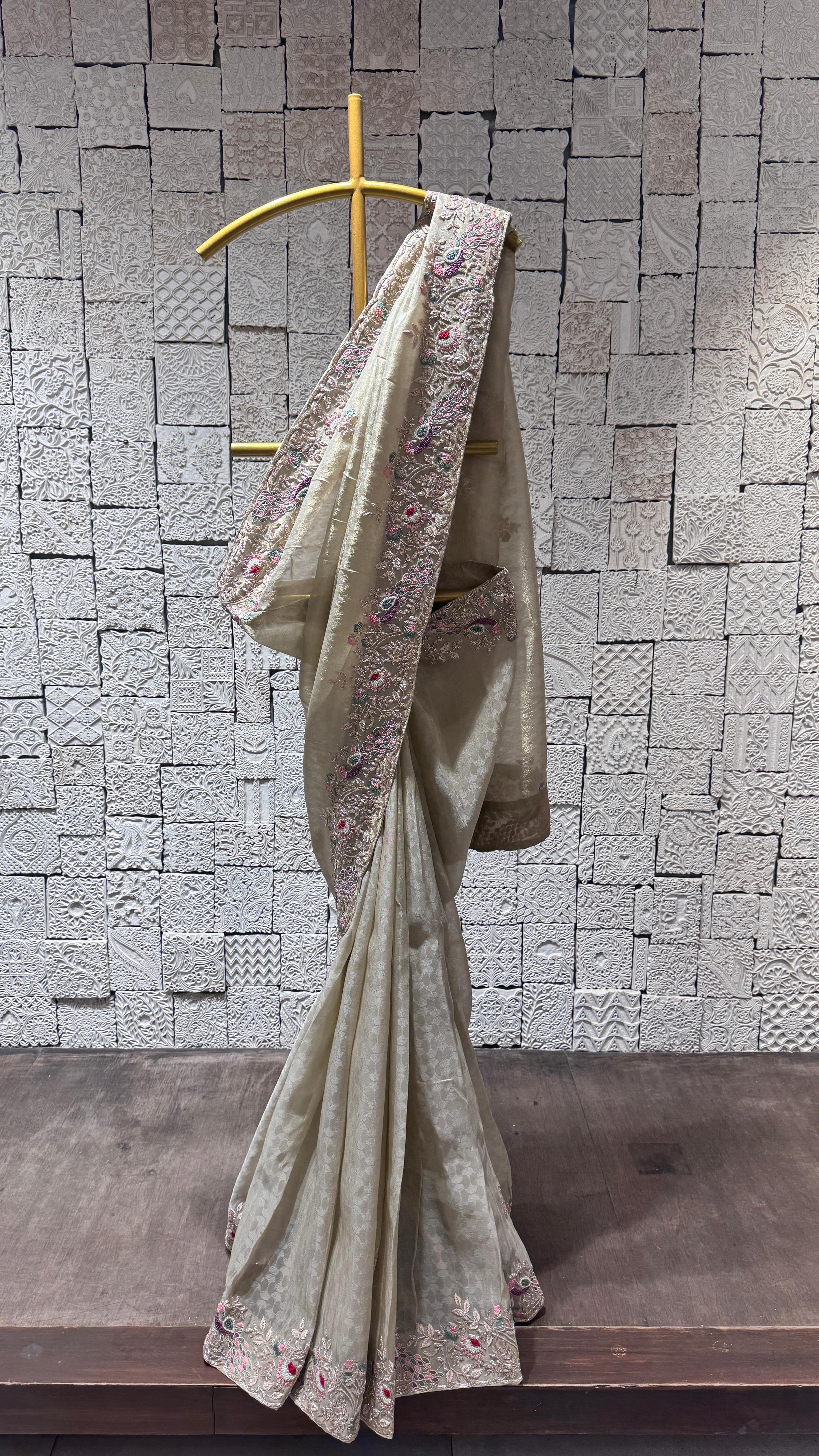 OFF WHITE SAREE WITH MULTICOLOR LEAF WORK
