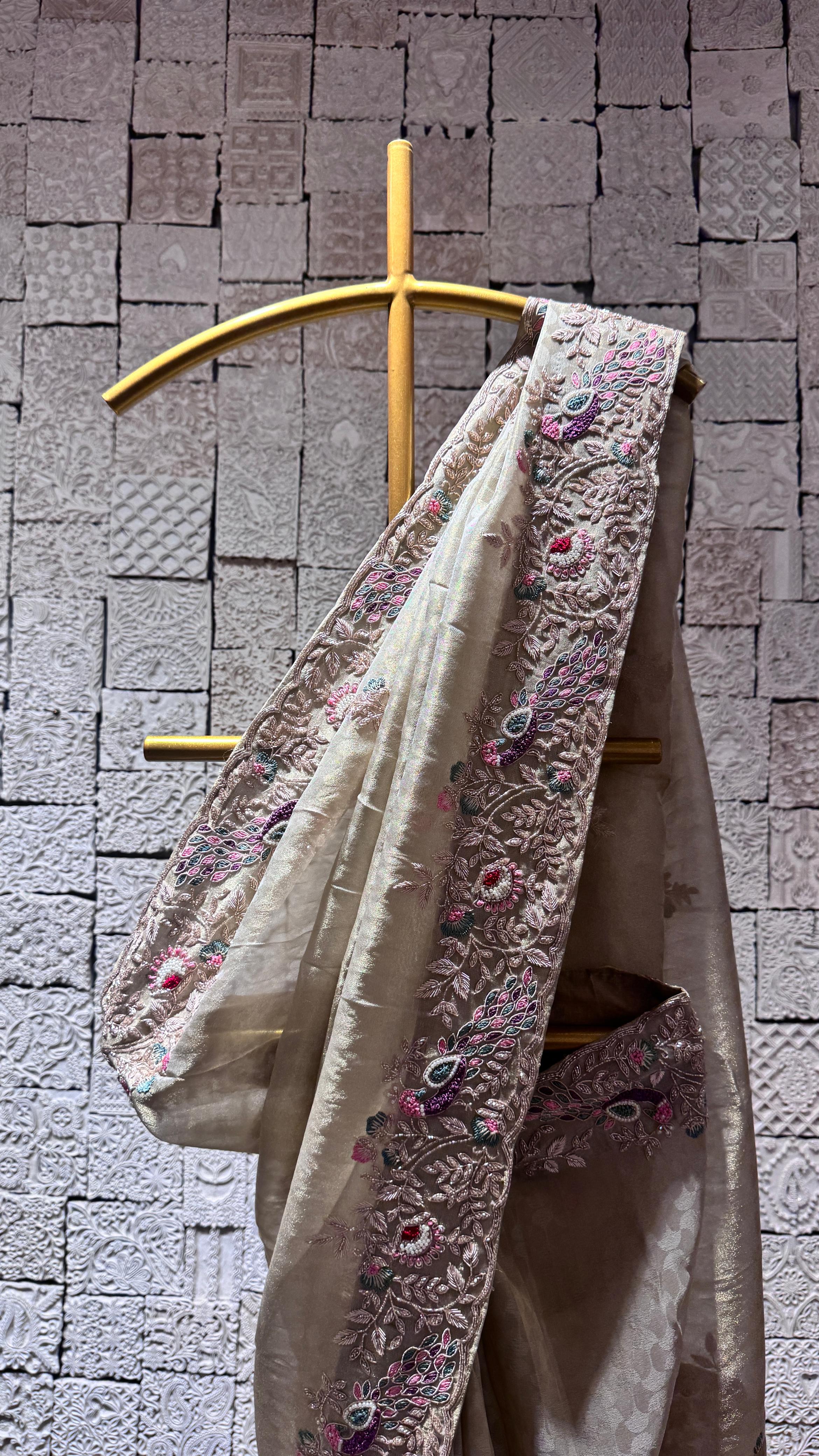 OFF WHITE SAREE WITH MULTICOLOR LEAF WORK