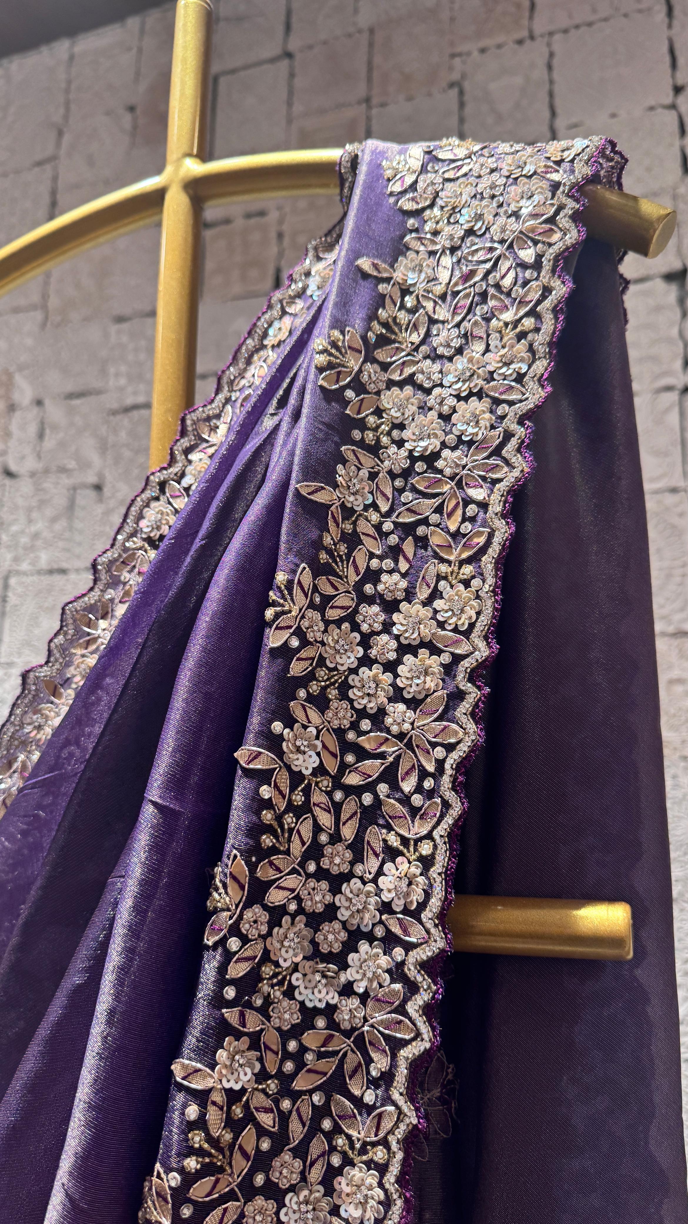Deep Purple Saree with Embroidered Border and Designer Blouse