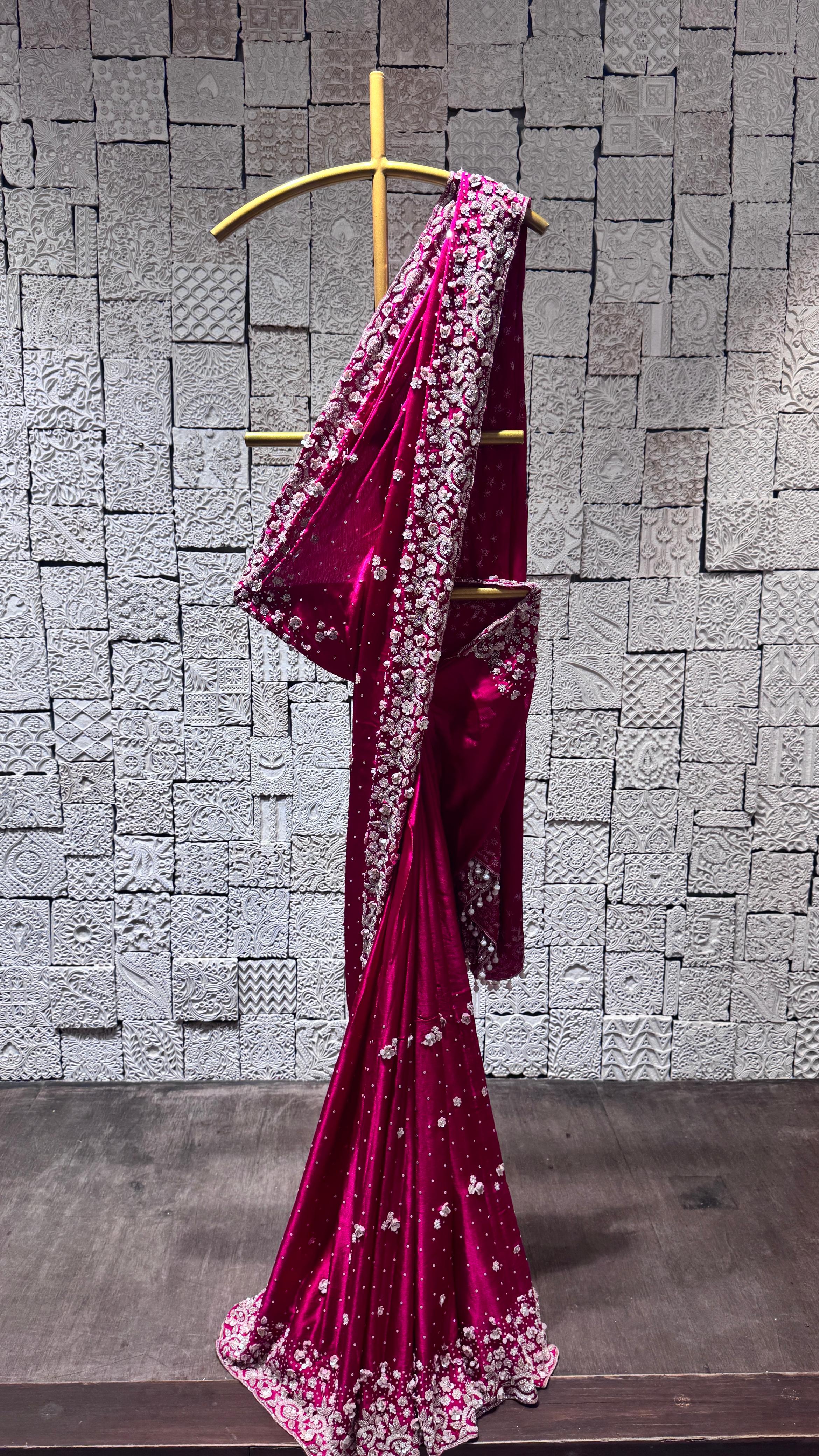 Rani Pink Saree with Heavy Floral Embroidered Border