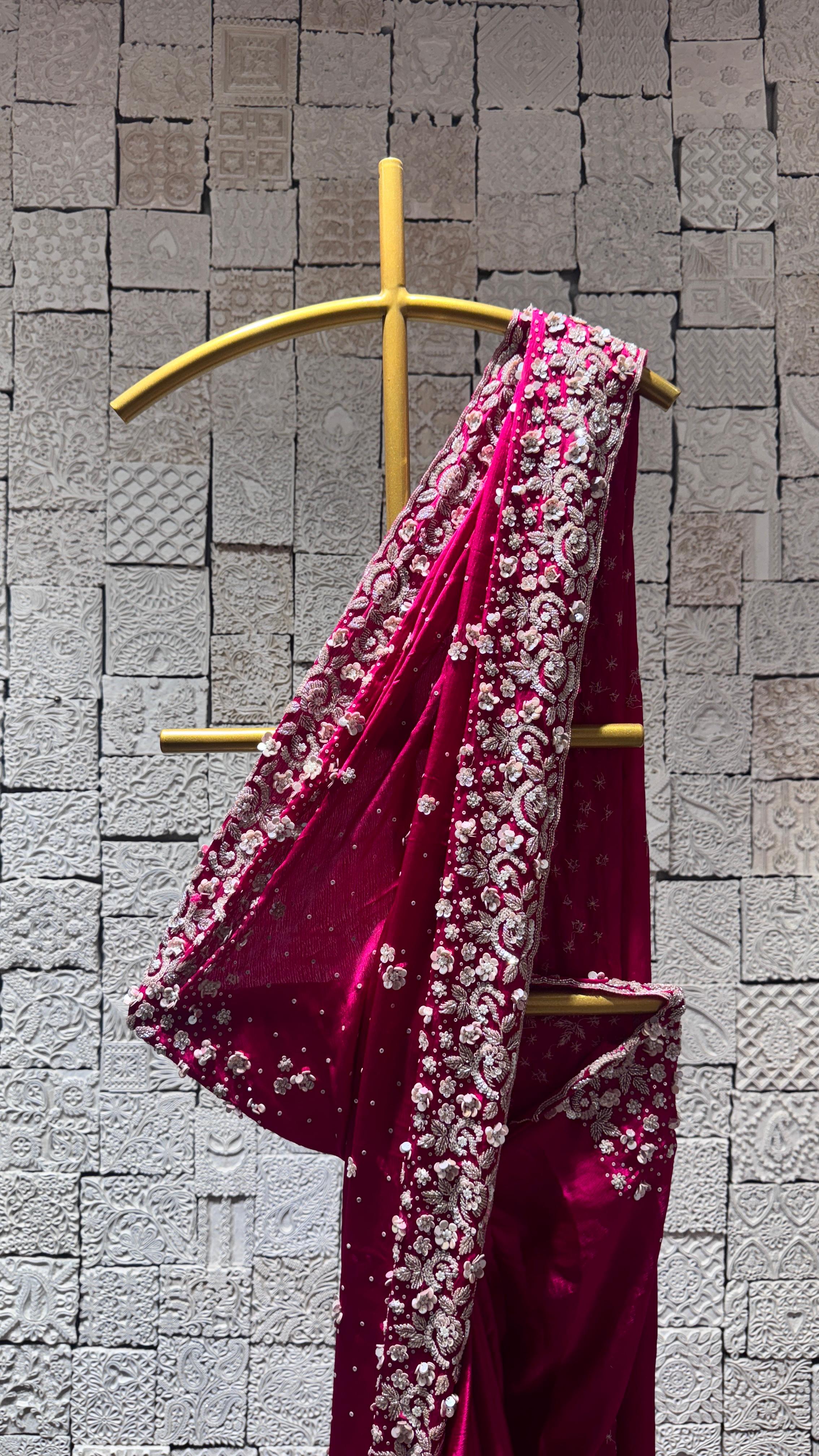 Rani Pink Saree with Heavy Floral Embroidered Border
