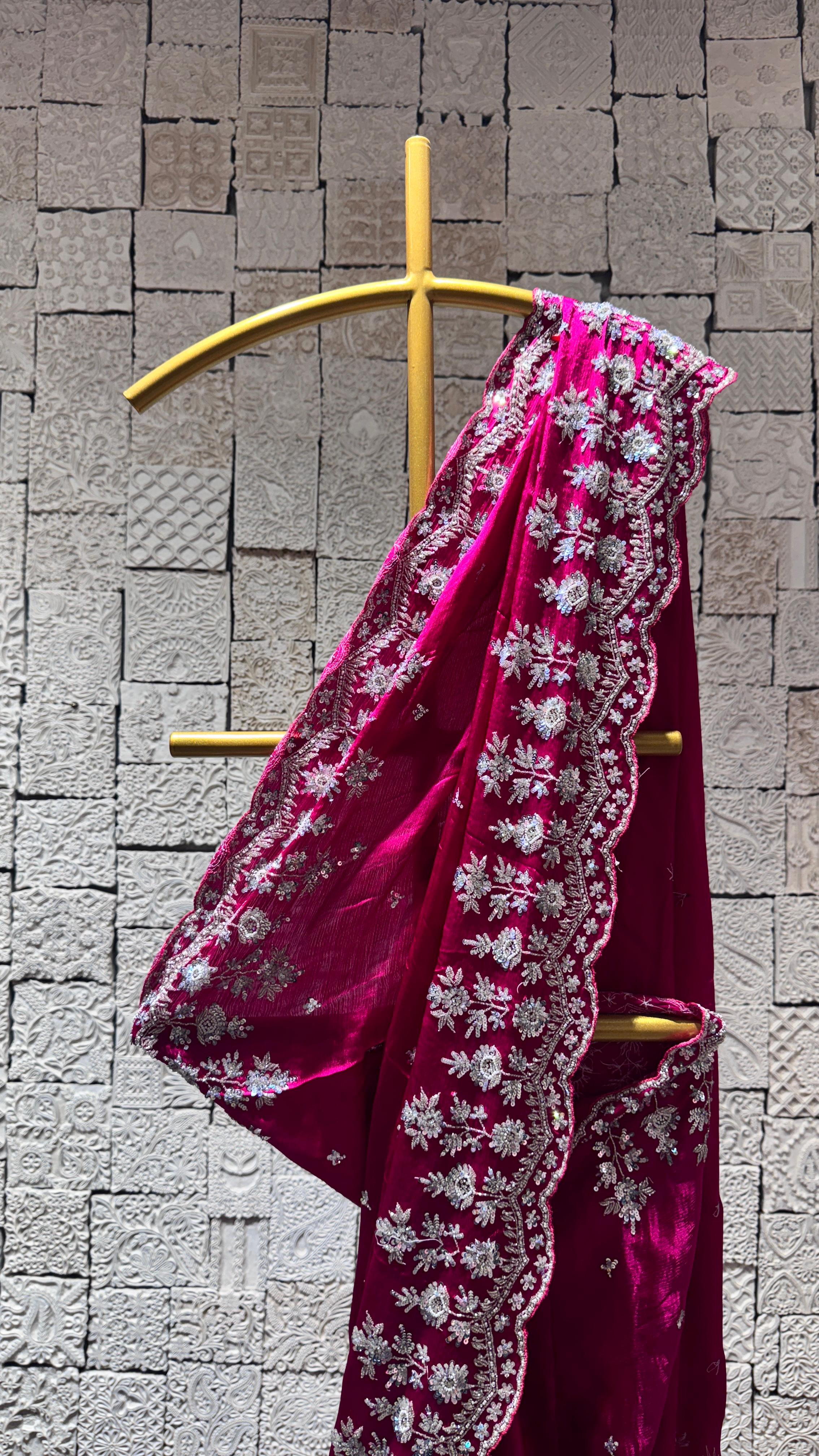 Rani Pink Saree with Heavy Floral Border and Designer Blouse