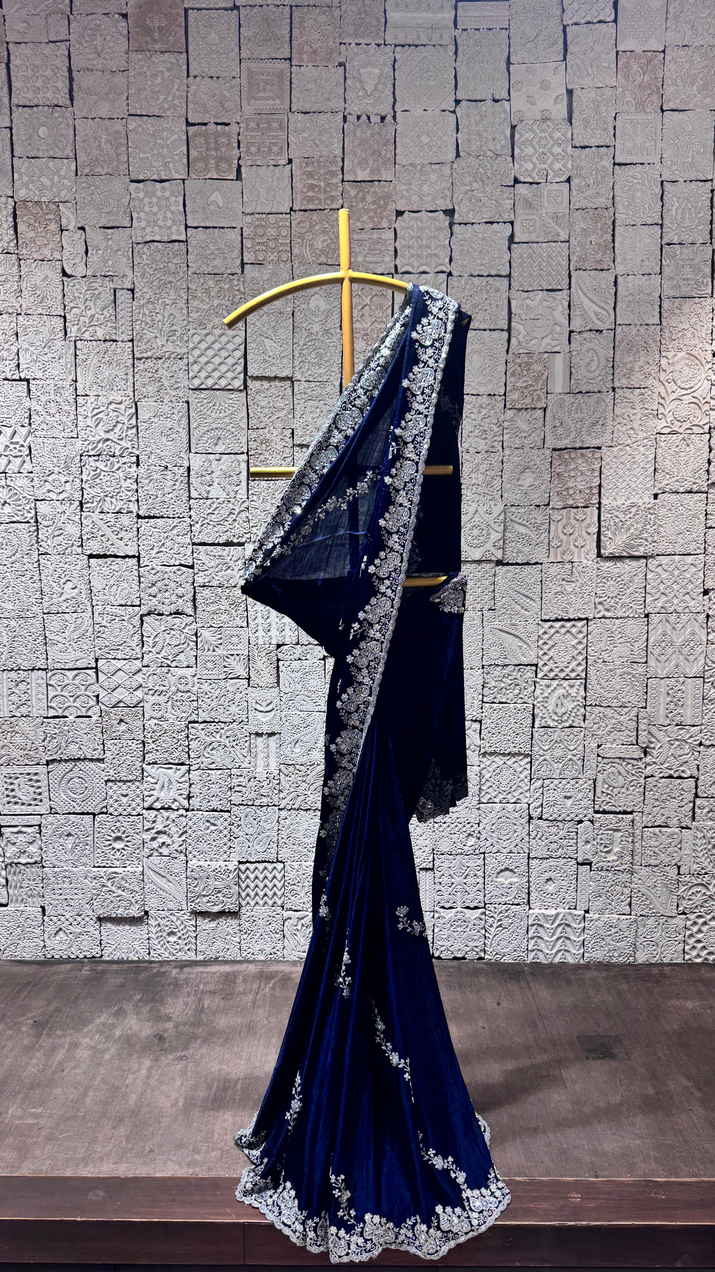 Navy blue saree with heavy floral border