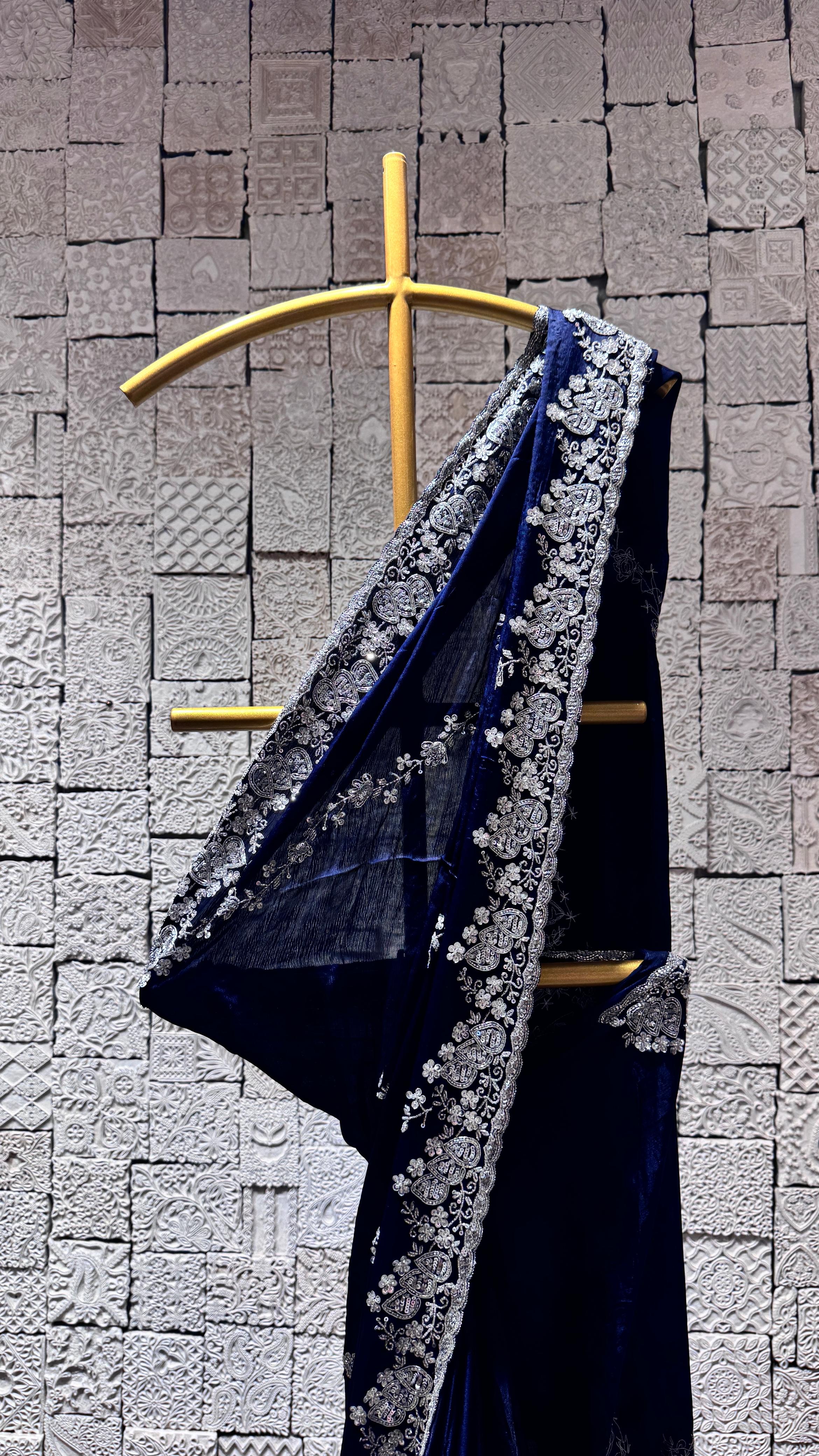 Navy blue saree with heavy floral border