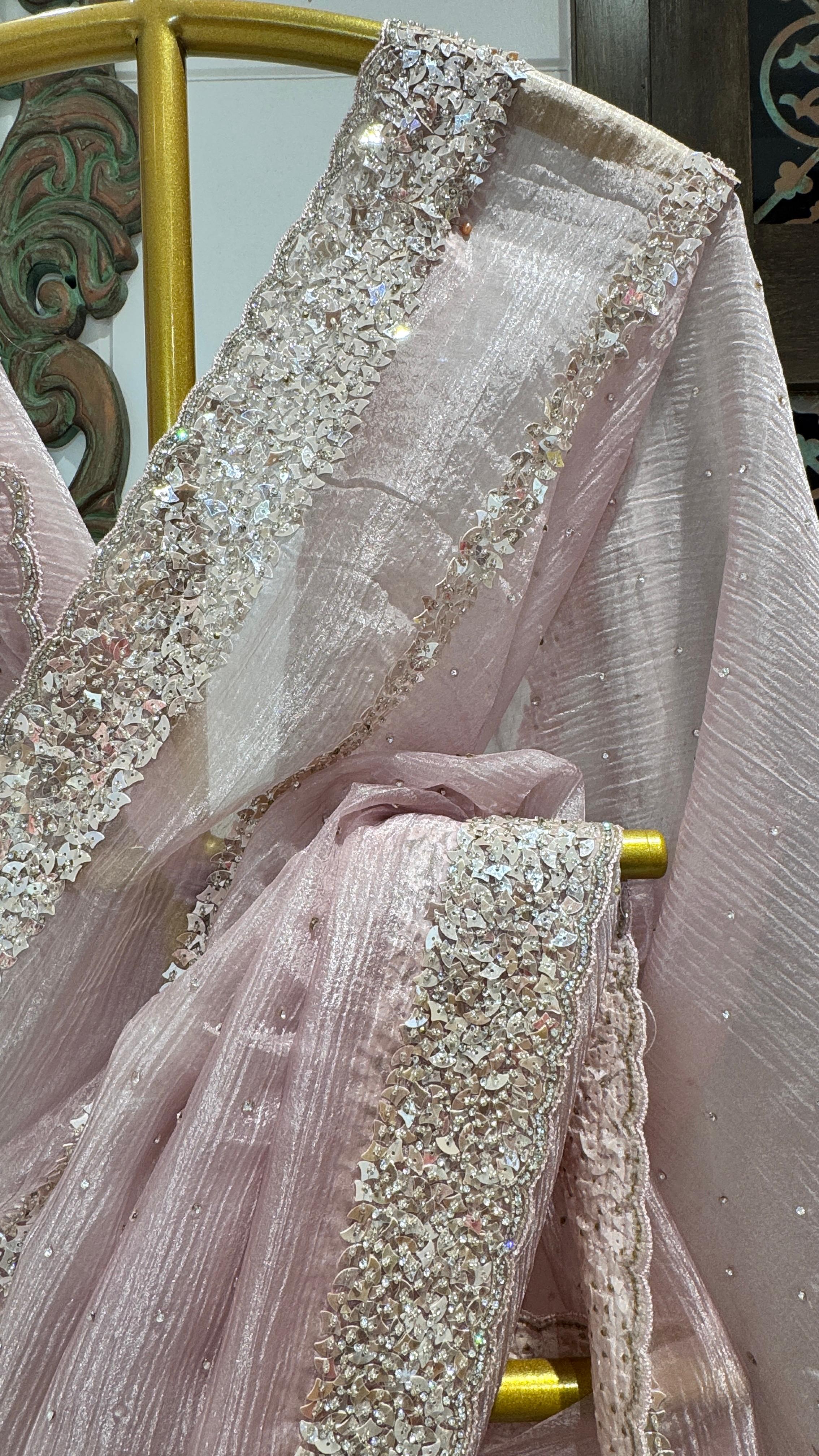 Pink saree with sequience border