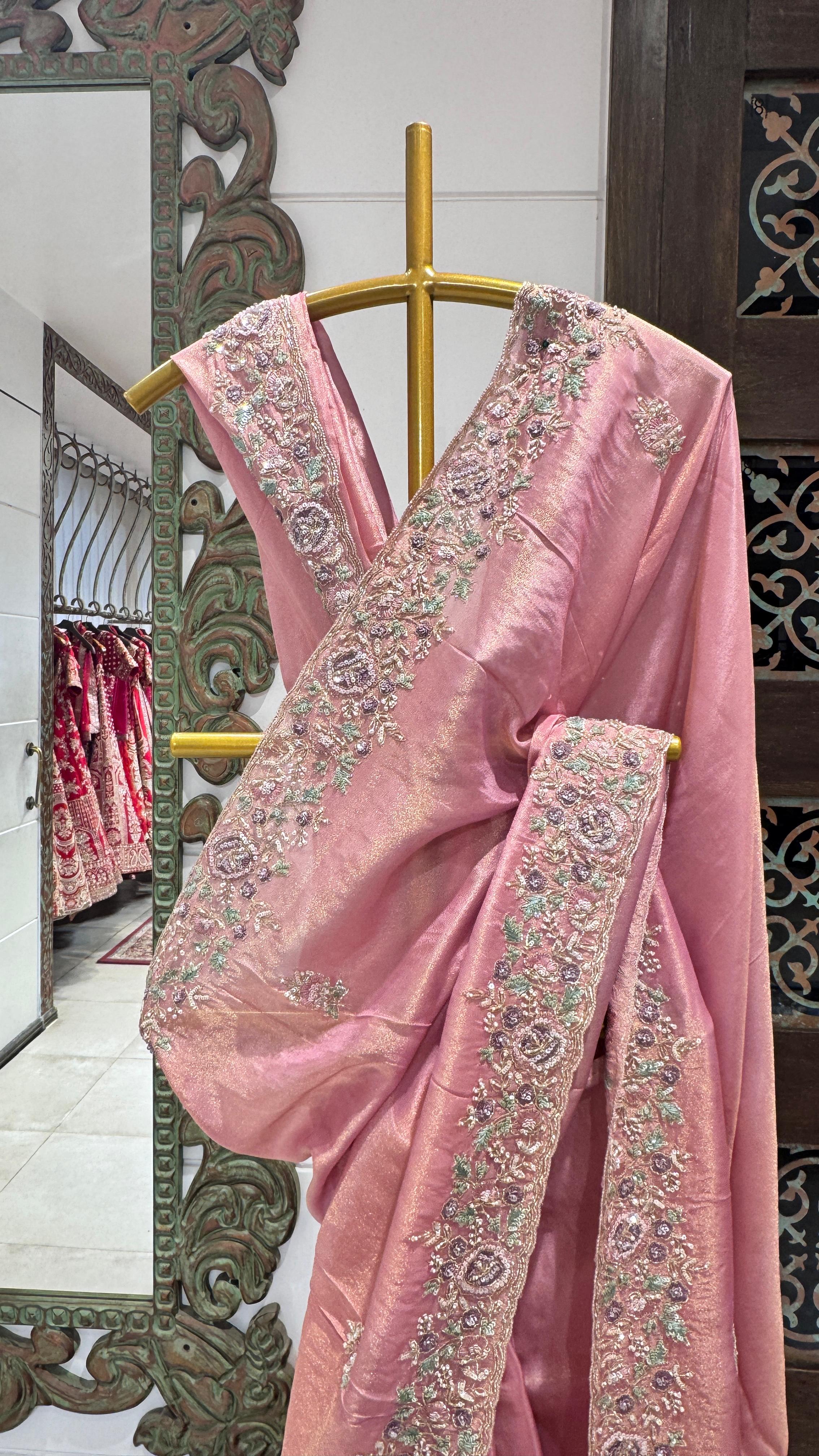 Pink saree with floral border