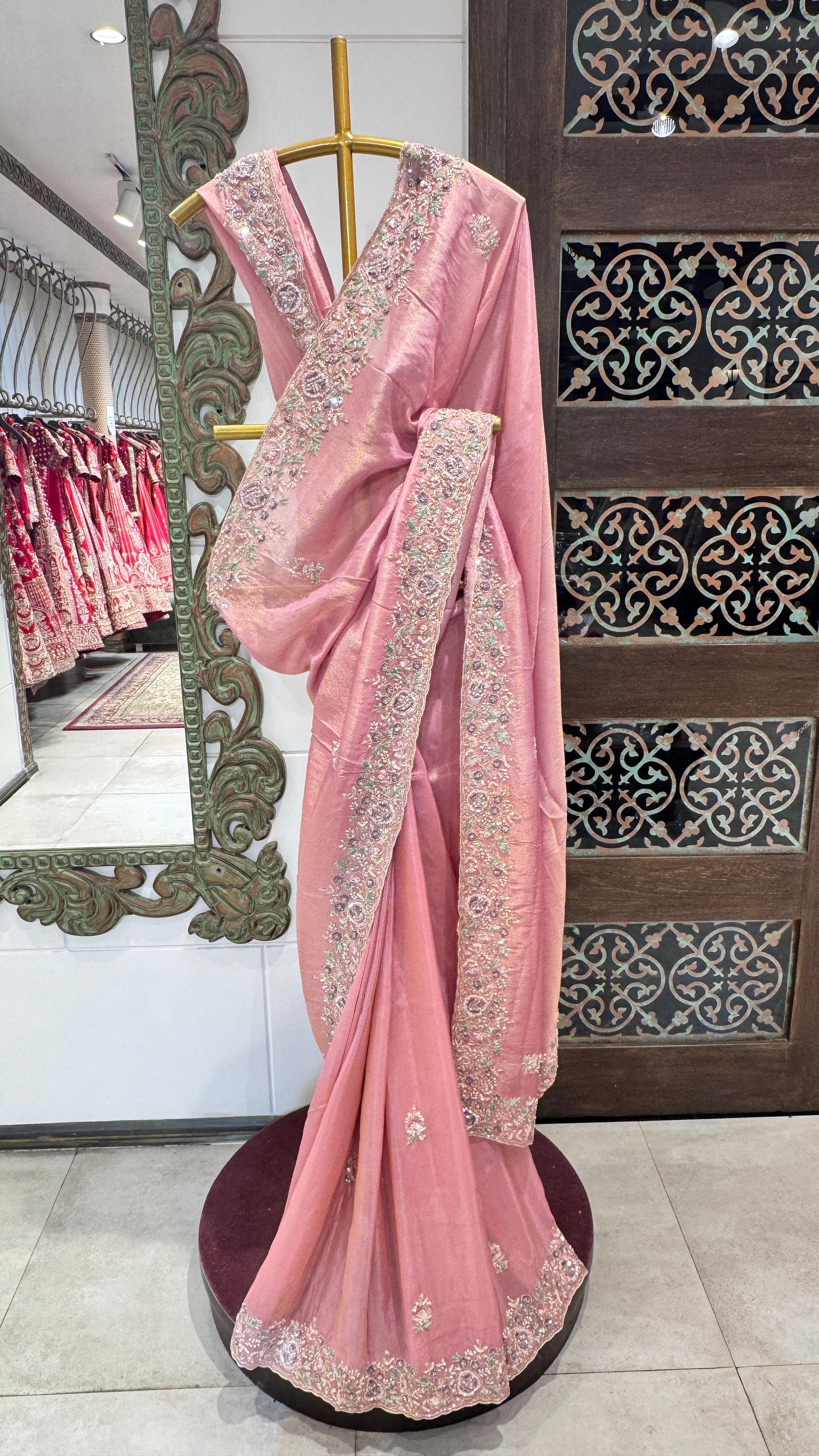 Pink saree with floral border