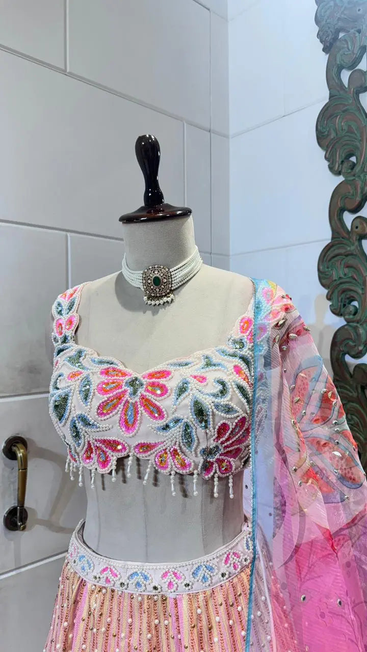 Pretty Pink Multicolor Embroidered Party Wear Lehenga