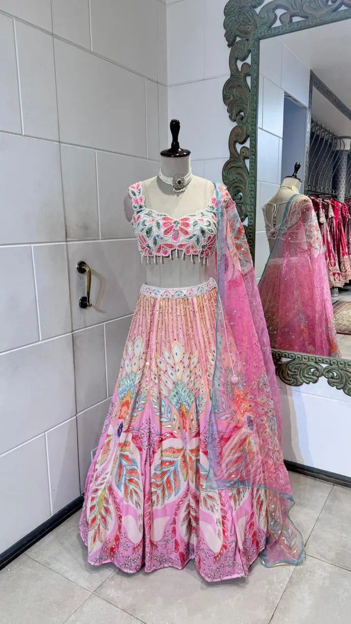 Pretty Pink Multicolor Embroidered Party Wear Lehenga